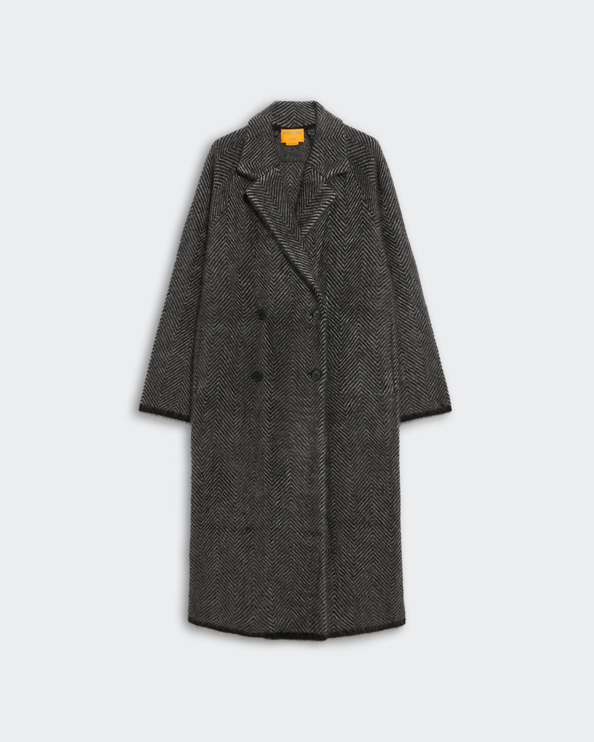 Black and heather grey double-breasted Grizzly wash coat with herringbone pattern, notched collar, and side pockets
