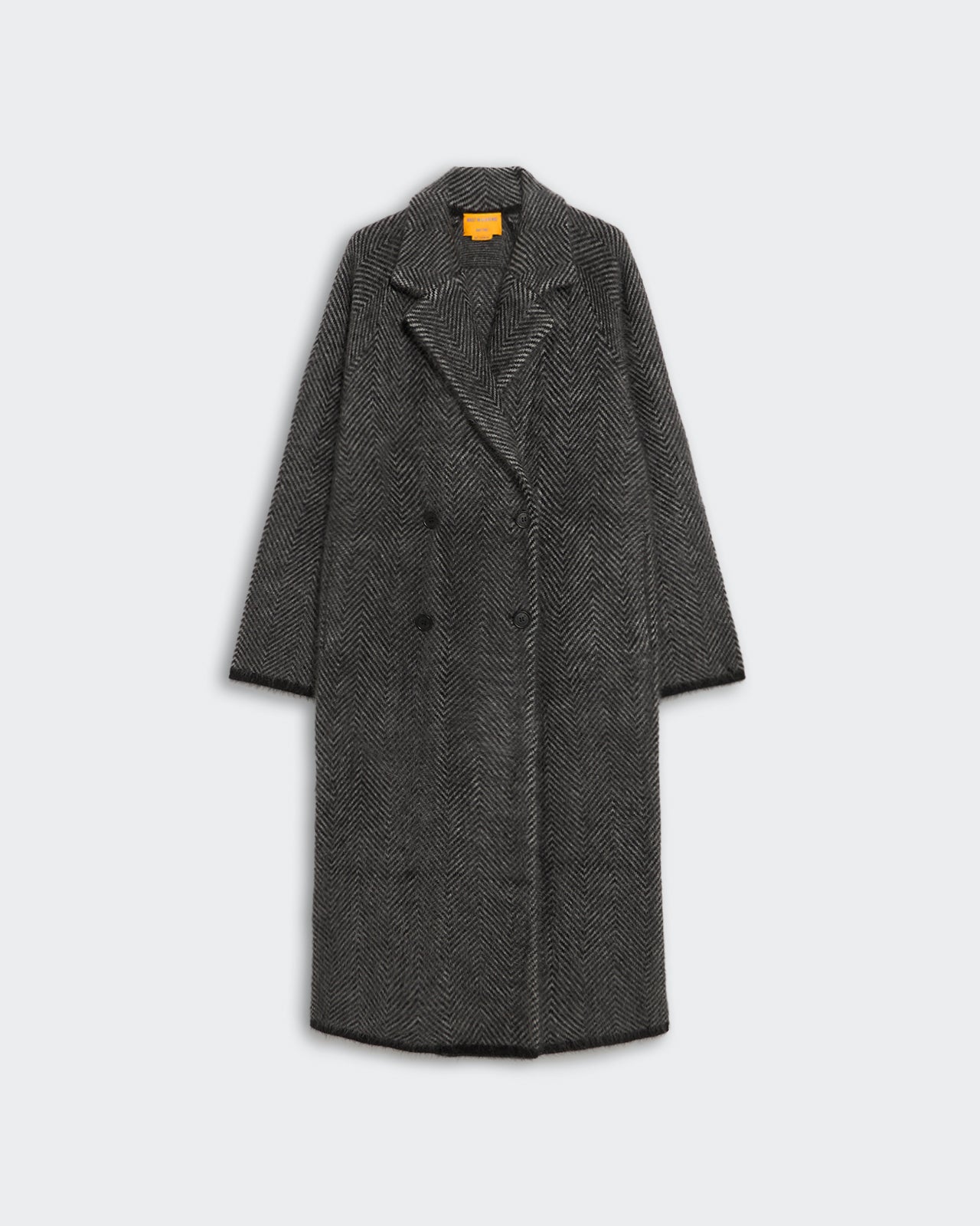 Black and heather grey double-breasted Grizzly wash coat with herringbone pattern, notched collar, and side pockets