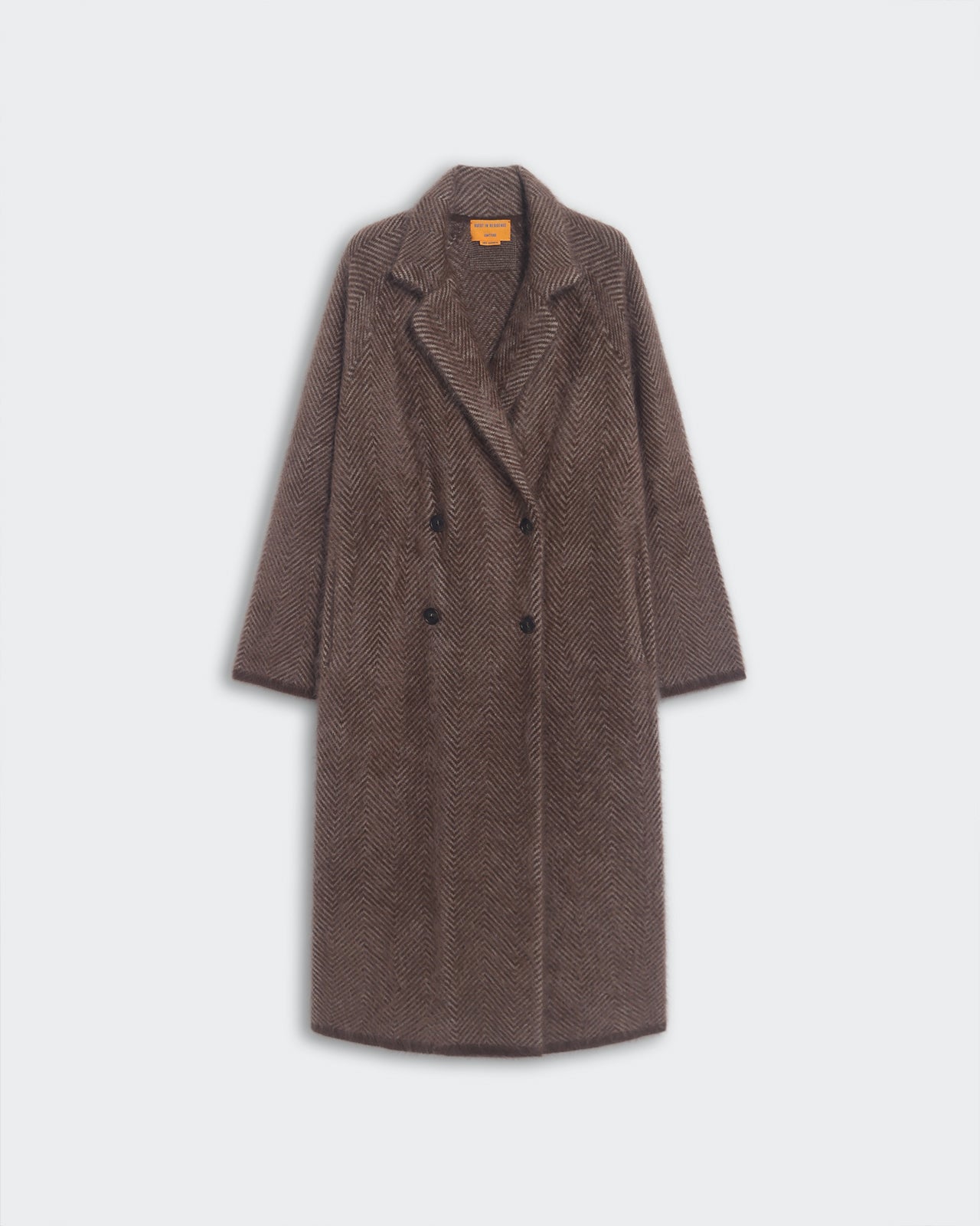 Long double-breasted chestnut and taupe grizzly wash coat with herringbone pattern and notched collar lapel