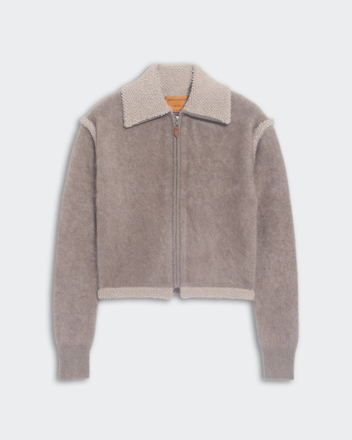 Taupe and oatmeal Grizzly Frankie cropped jacket with faux shearling collar and cuffs, two-way zipper with leather pull.