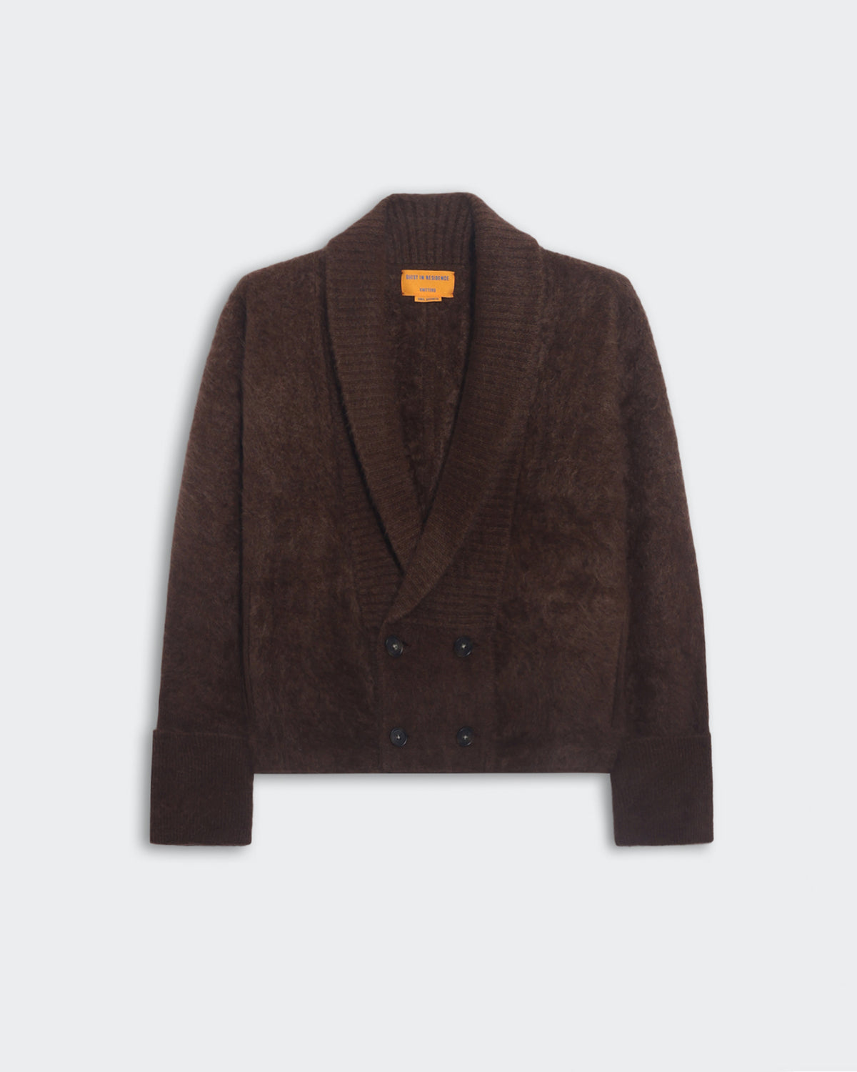 Heavy-weight chestnut brown Grizzly Le Jacket with dolman sleeves, double cuffed rib trim, shawl collar, and four-button closure.