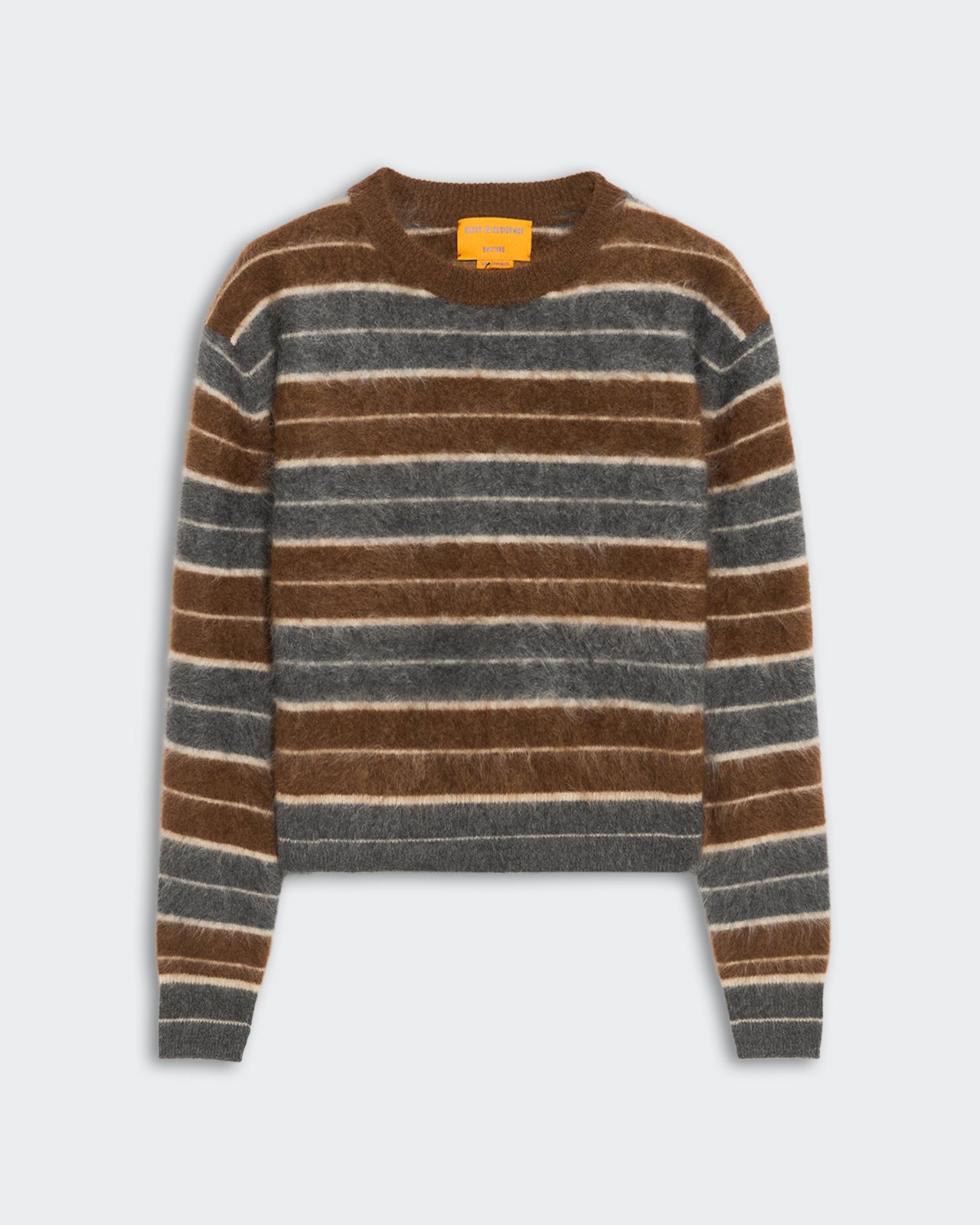 Grizzly Stripe Crew charcoal combo striped mid-weight cashmere sweater with ribbed neck, cuffs, and hem, relaxed fit.