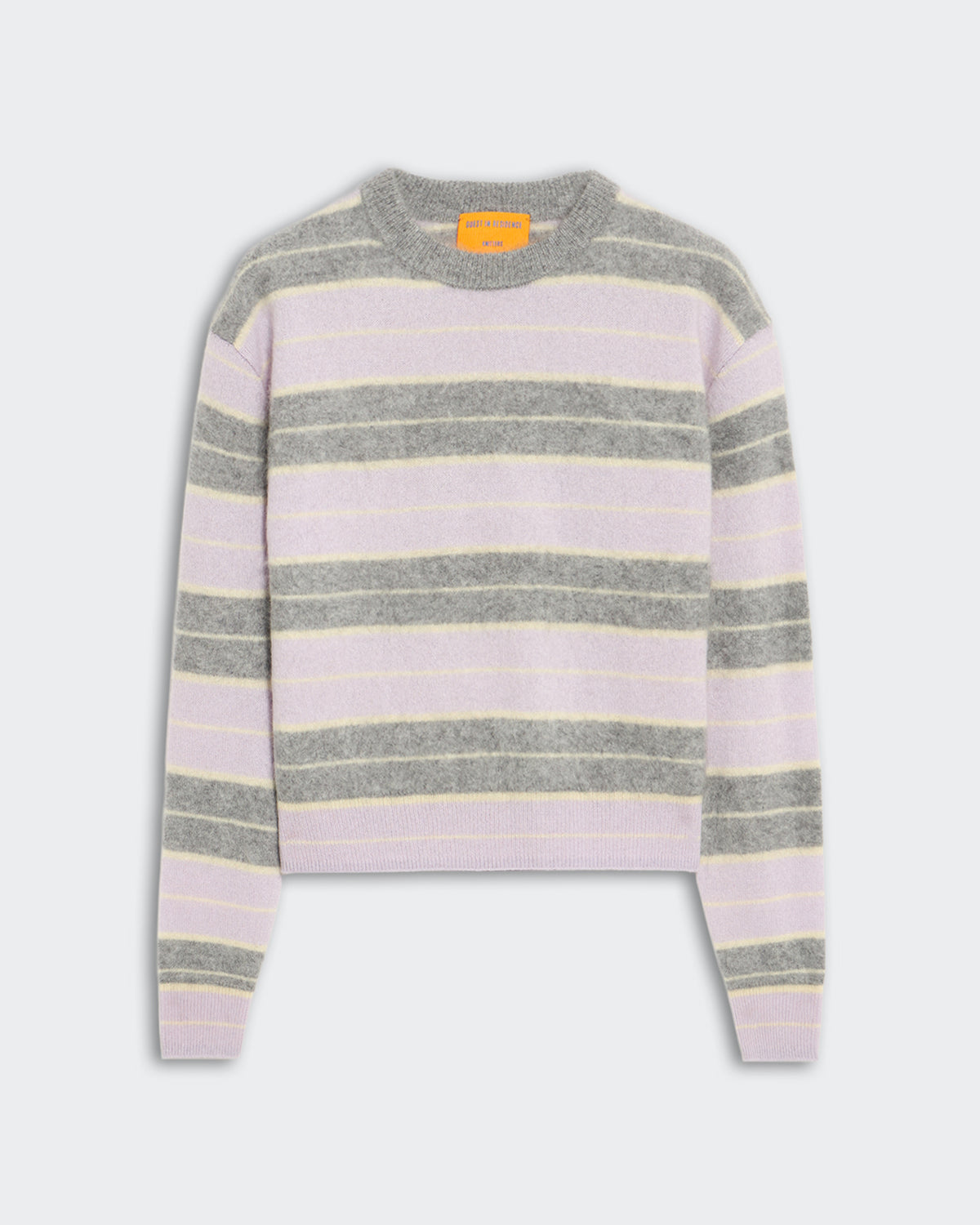 Mid-weight Grizzly Stripe crewneck sweater in dusk combo with ribbed trim, cropped relaxed fit, made from 100% cashmere.