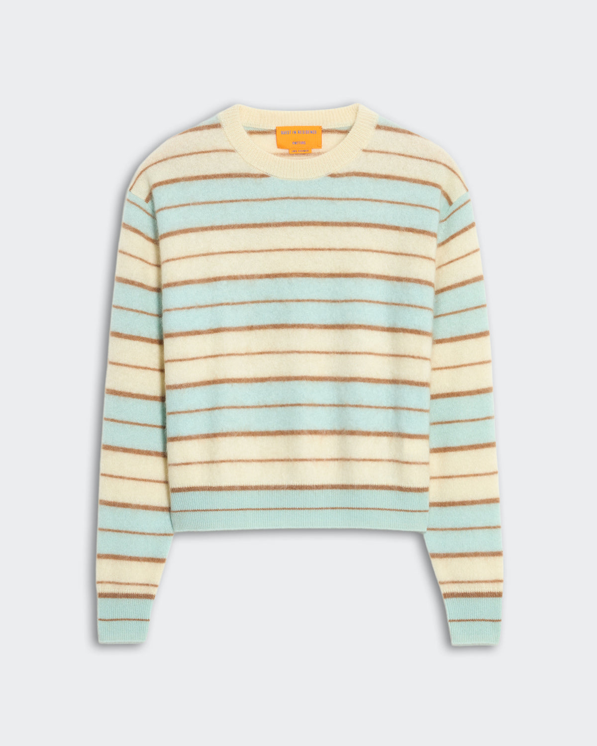 Mid-weight Grizzly Wash striped crewneck sweater in seaglass combo with ribbed trim, cropped relaxed fit, 100% cashmere