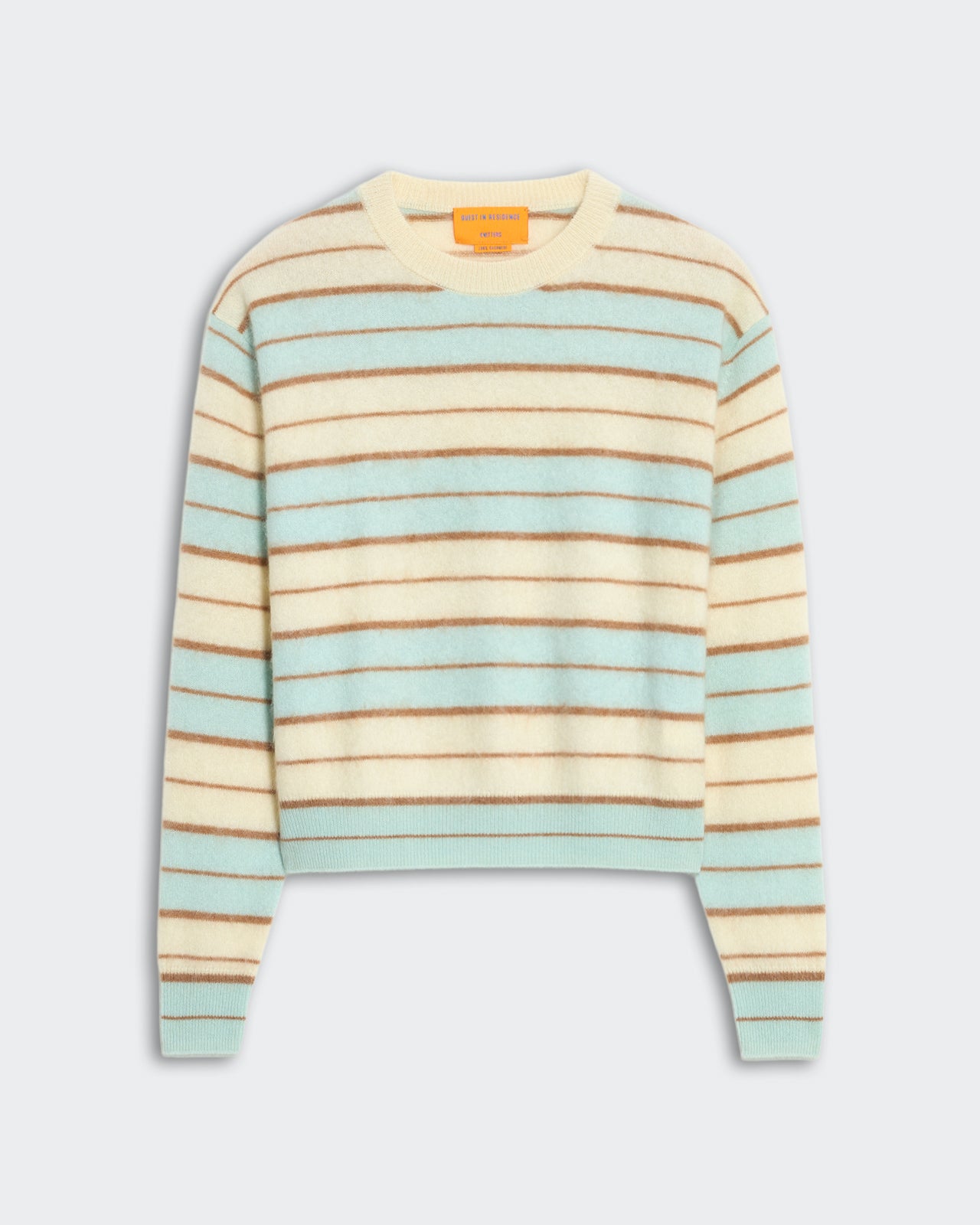 Mid-weight Grizzly Wash striped crewneck sweater in seaglass combo with ribbed trim, cropped relaxed fit, 100% cashmere
