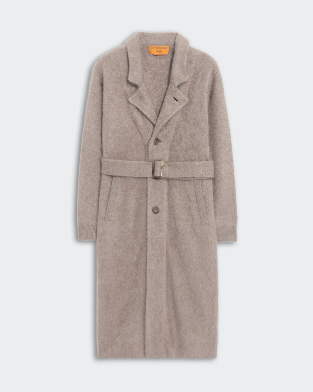 Taupe Grizzly Wash Coat with notched collar, three-button placket, adjustable belt, and side patch pockets, unisex fit knitwear.