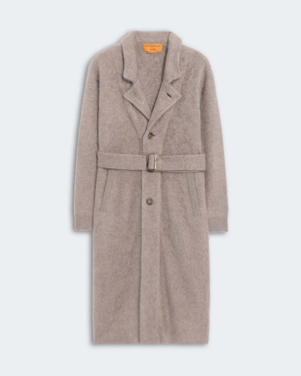 Taupe Grizzly Wash Coat with notched collar, three-button placket, adjustable belt, and side patch pockets, unisex fit knitwear.