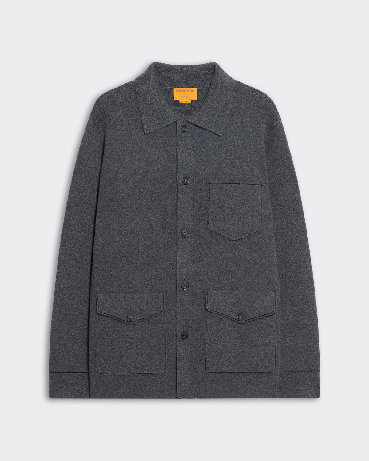 Charcoal and black unisex Industry Jacket with shirt collar and three front patch pockets in heavy-weight knit fabric