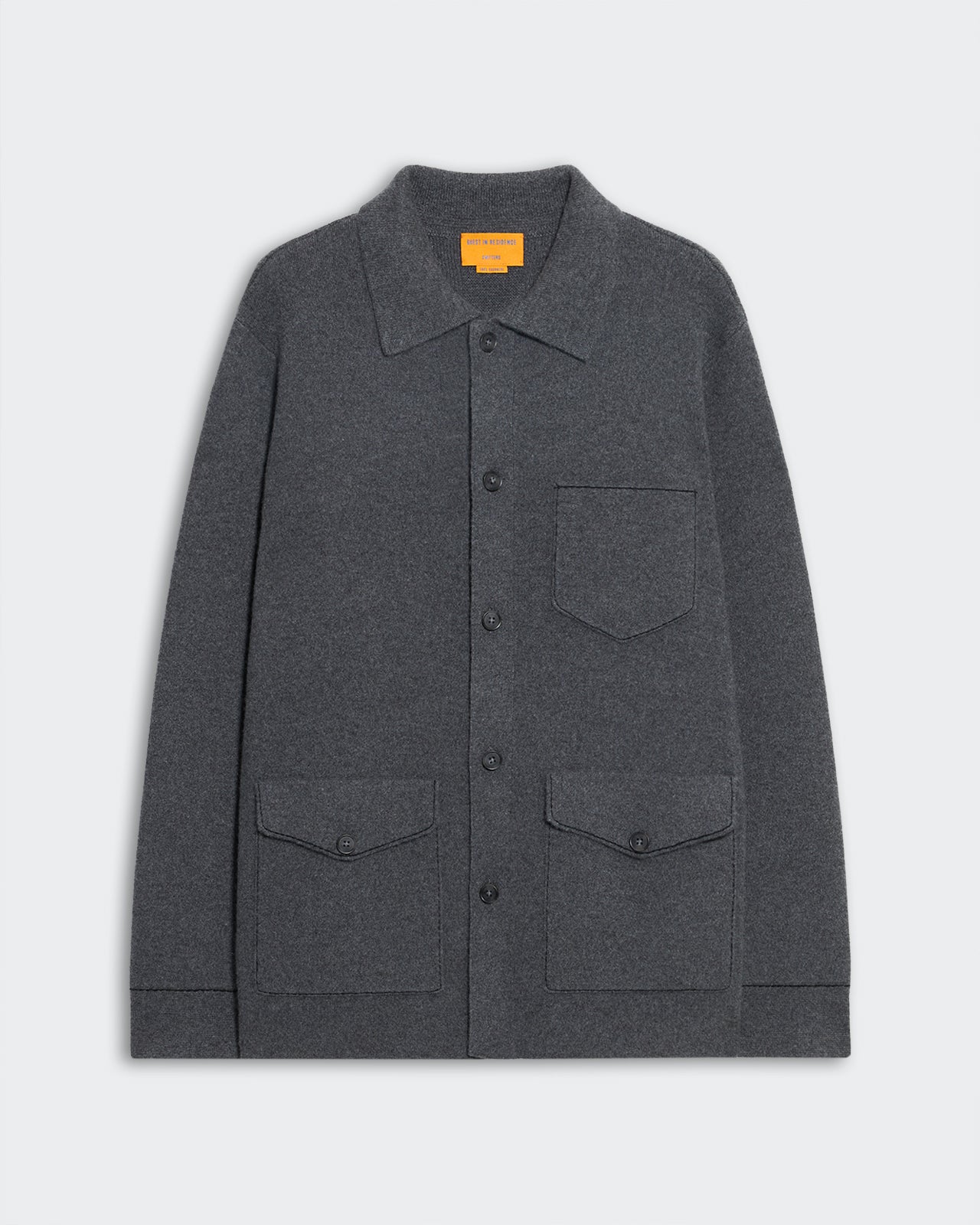 Charcoal and black unisex Industry Jacket with shirt collar and three front patch pockets in heavy-weight knit fabric