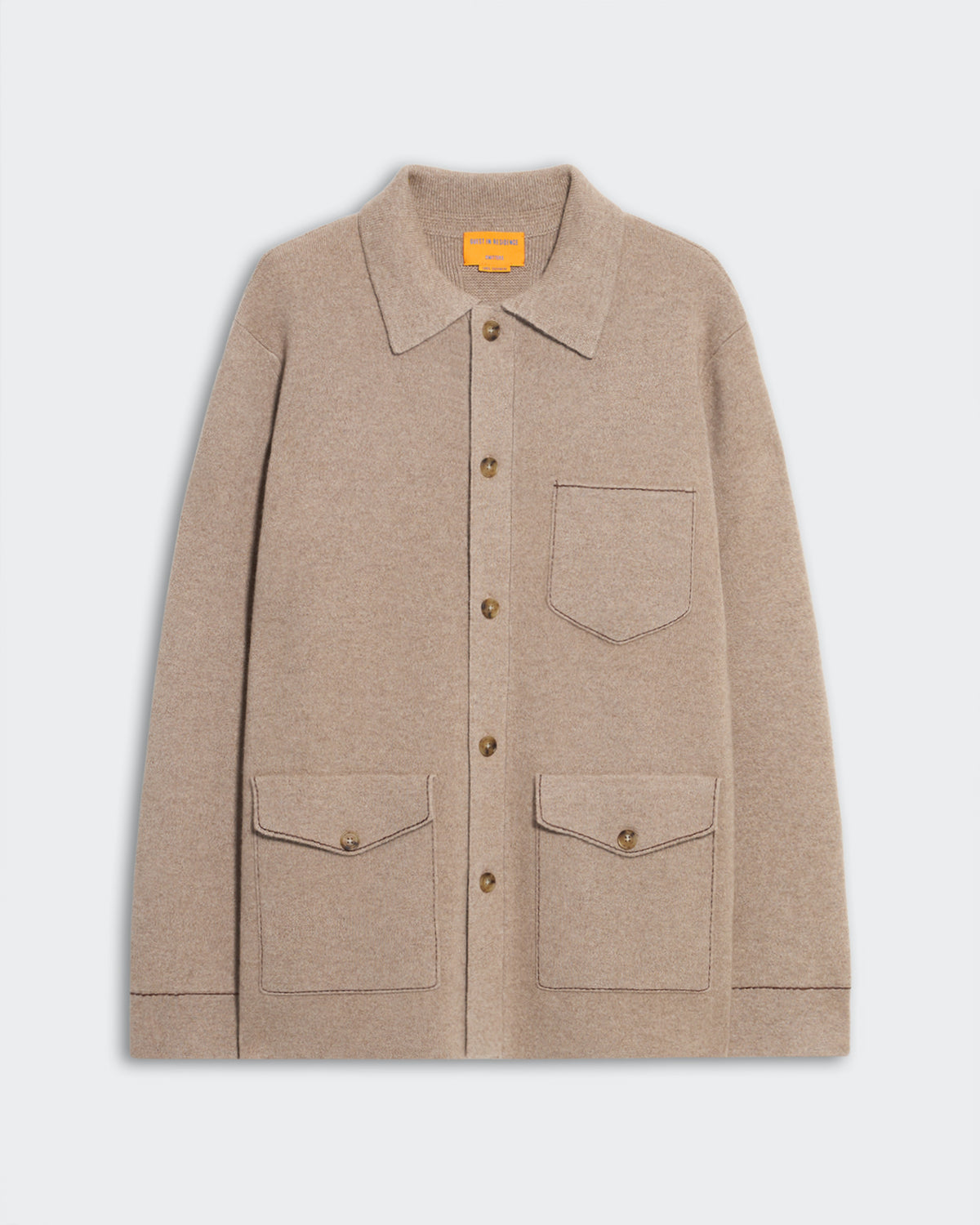 Taupe Industry Jacket with chestnut contrast stitching, shirt collar, chest and hip patch pockets, heavy-weight knit, unisex fit