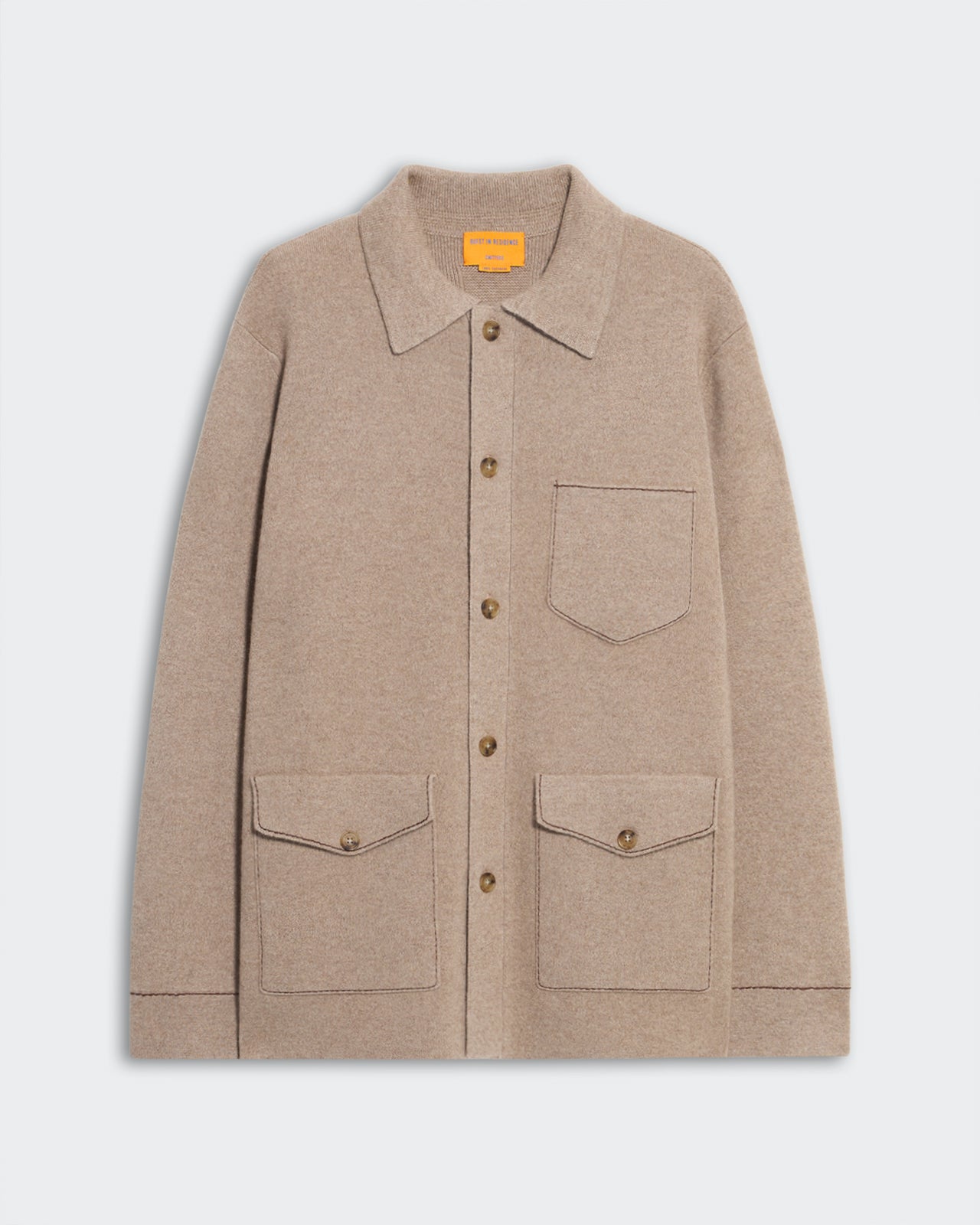 Taupe Industry Jacket with chestnut contrast stitching, shirt collar, chest and hip patch pockets, heavy-weight knit, unisex fit