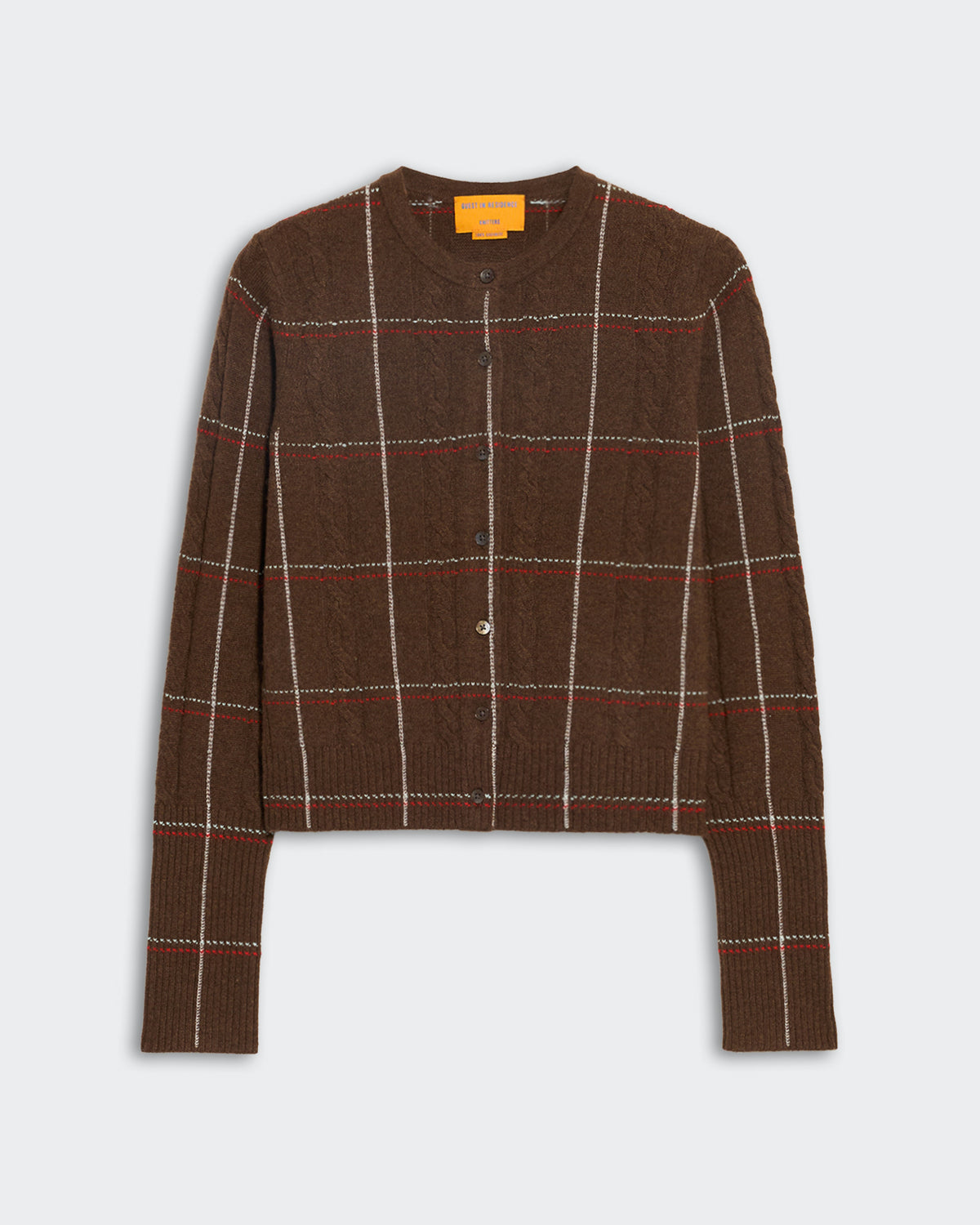 Lightweight chestnut cardigan with four-color check pattern, cable stitch, ribbed cuffs, button closure, and tubular neck trim.