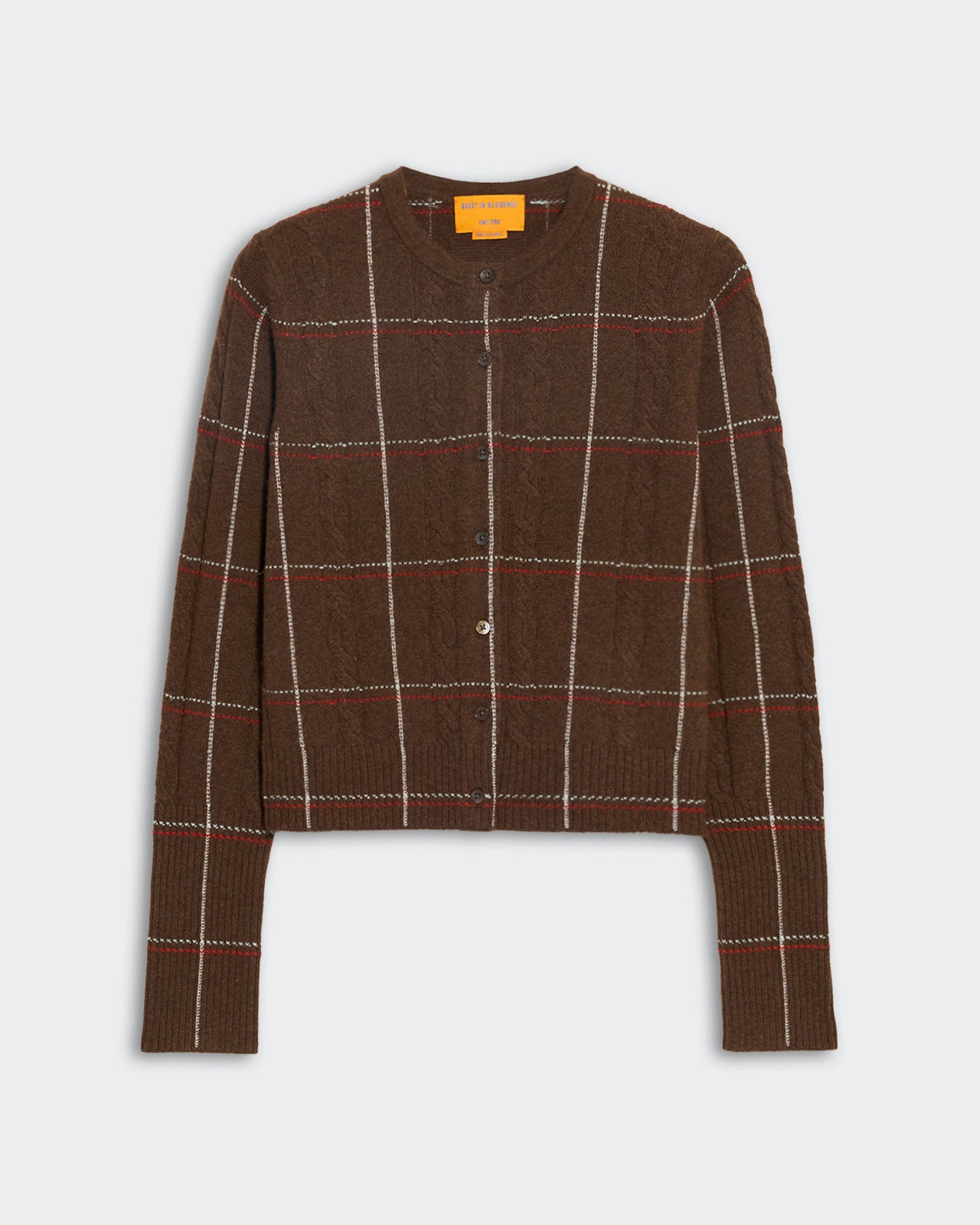 Lightweight chestnut cardigan with four-color check pattern, cable stitch, ribbed cuffs, button closure, and tubular neck trim.