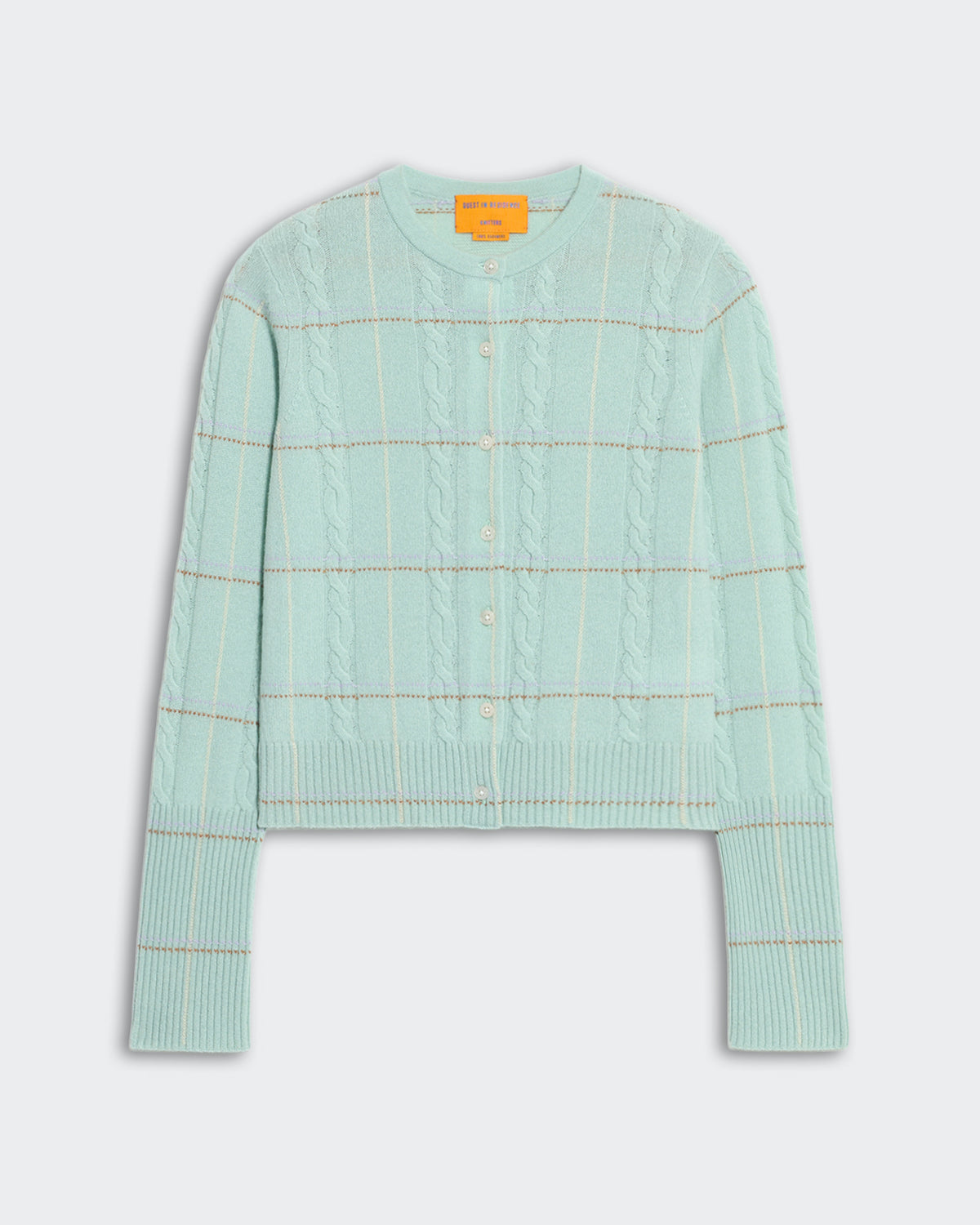 Light-weight sea glass color cable knit cardigan with check pattern, ribbed cuffs, button front, and tubular neck trim.