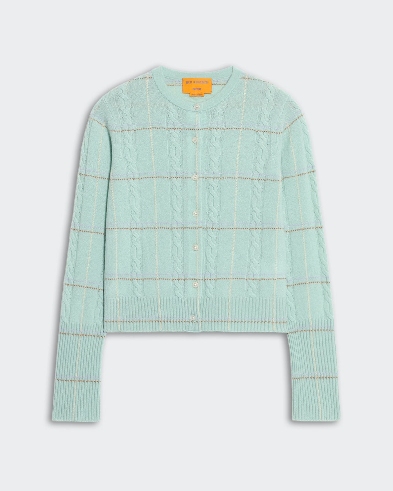 Light-weight sea glass color cable knit cardigan with check pattern, ribbed cuffs, button front, and tubular neck trim.