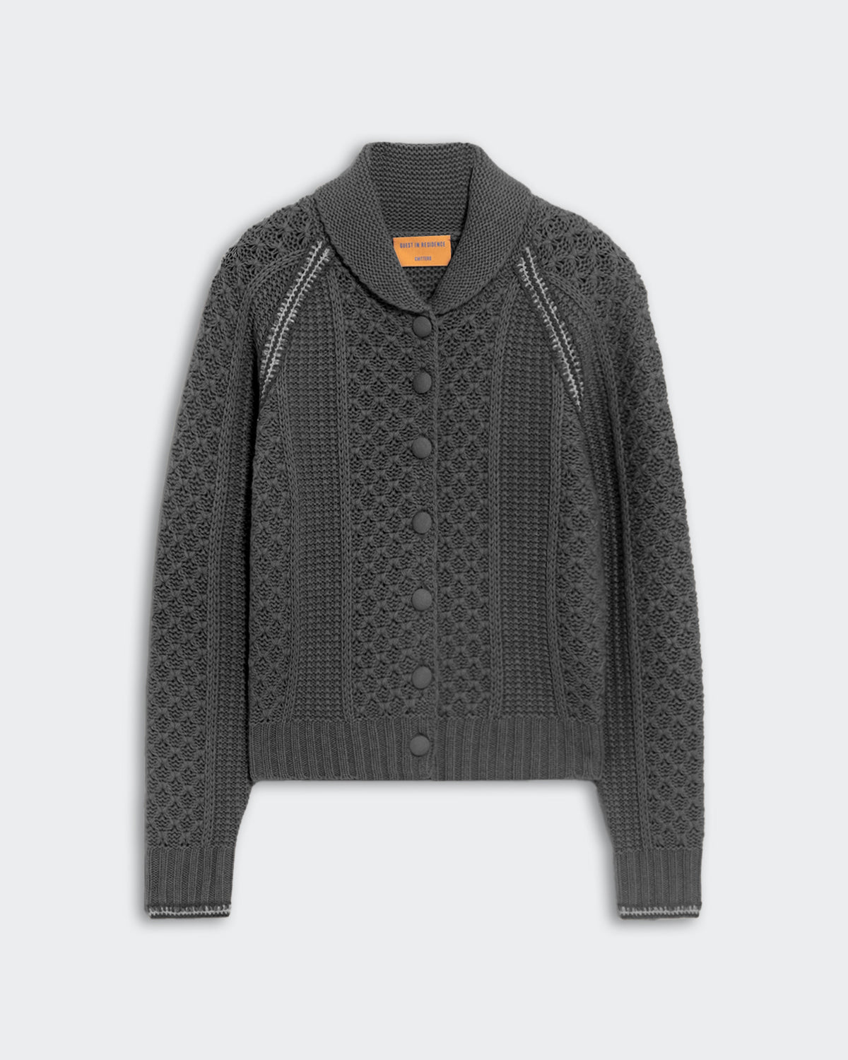 Charcoal Marlowe cable cardigan with vertical waffle stitch, raglan armholes, crochet details, ribbed hem and Peterpan collar.