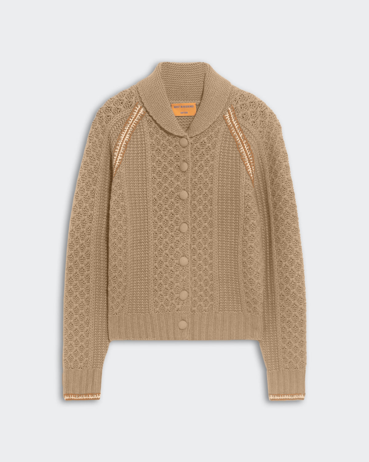 Taupe heavyweight waffle cable cardigan with vertical stitch, raglan armhole, hand crochet details, and Peterpan collar