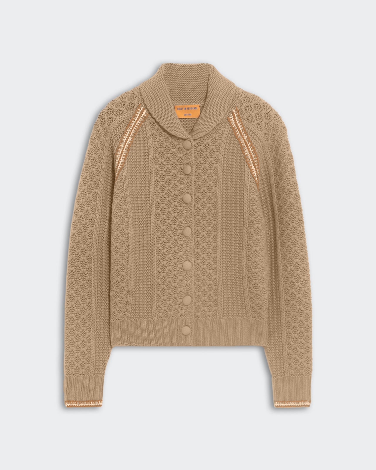 Taupe heavyweight waffle cable cardigan with vertical stitch, raglan armhole, hand crochet details, and Peterpan collar