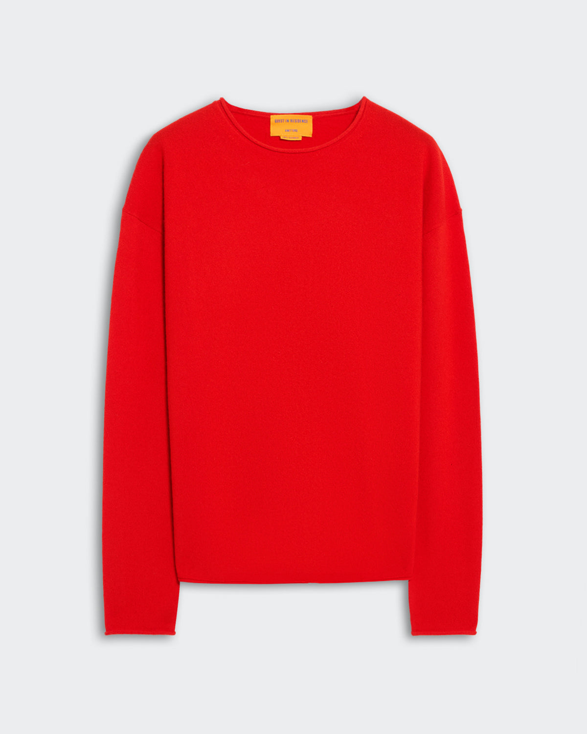 Red oversized crew neck sweater with dropped shoulders and curved shirttail hem for men and women sizing
