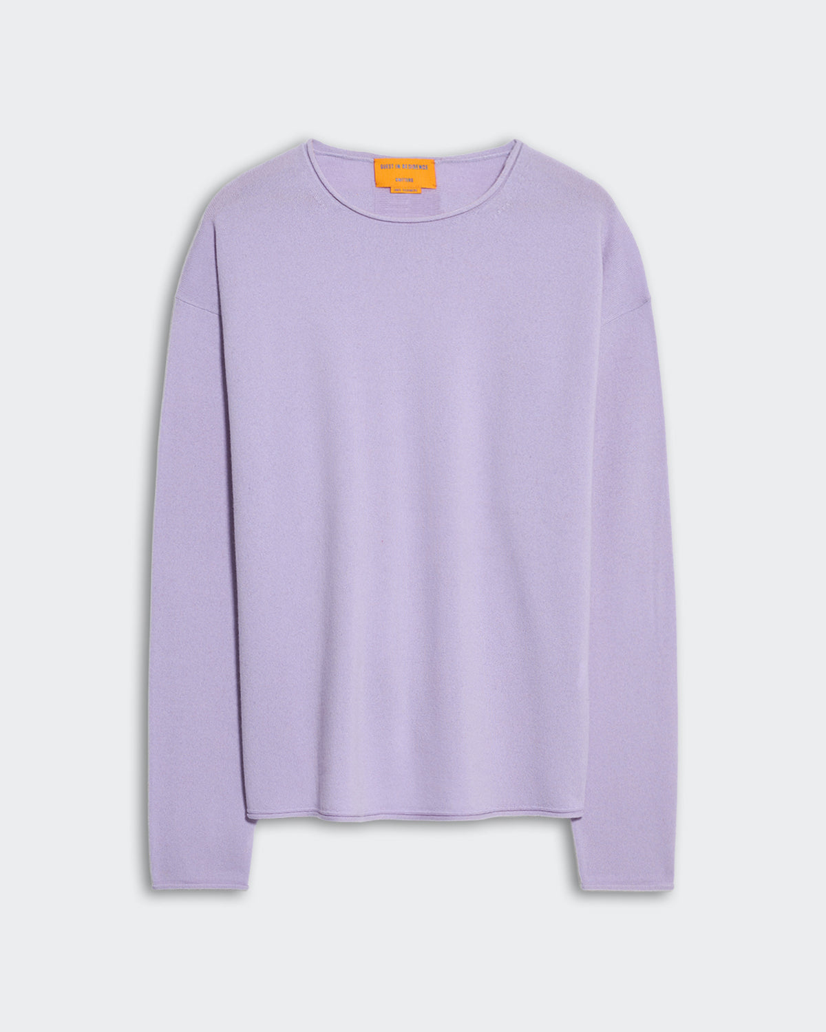 Lightweight oversized crew neck sweater in dusk purple with dropped shoulders and curved shirttail hem for men and women.
