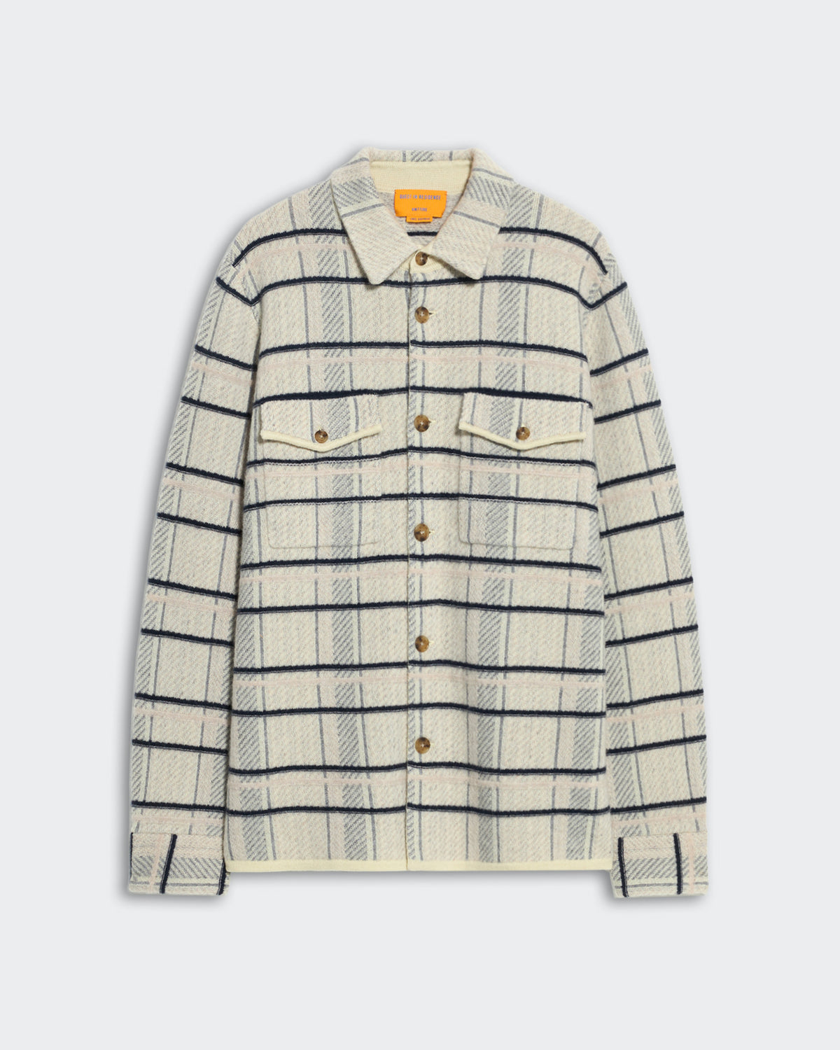 Unisex plaid work shirt in mist combo with button front, cuffed sleeves, and chest patch pockets in men's sizing