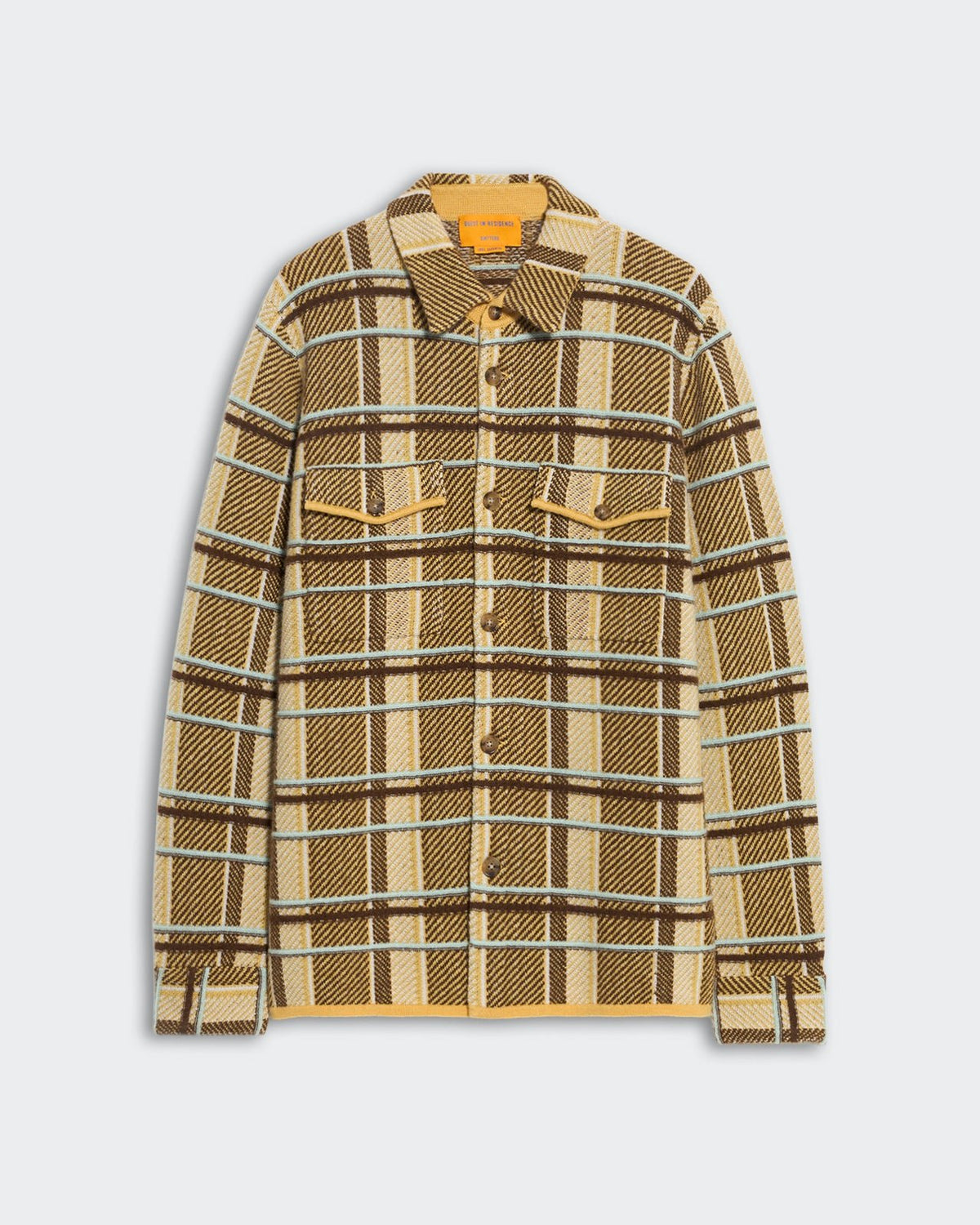 Tan and brown plaid work shirt with front buttons, chest patch pockets, cuffed sleeves, and a shirt collar.