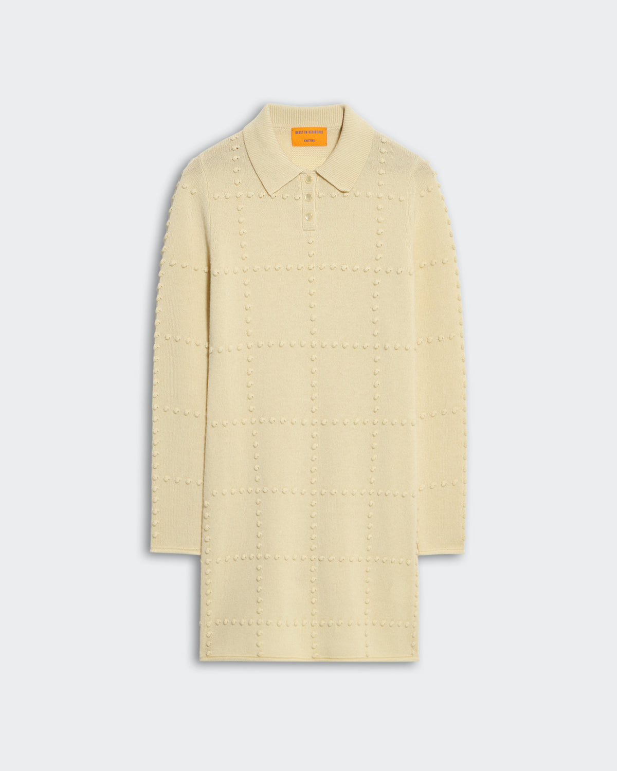 Beige mid-weight popcorn stitch polo dress with long sleeves and three-button collar closure