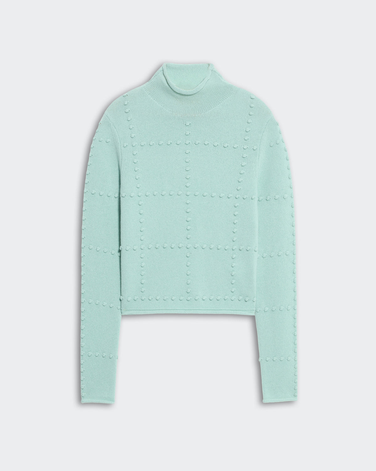 Cropped seaglass green popcorn textured cashmere blend top with mock neck and long sleeves for women