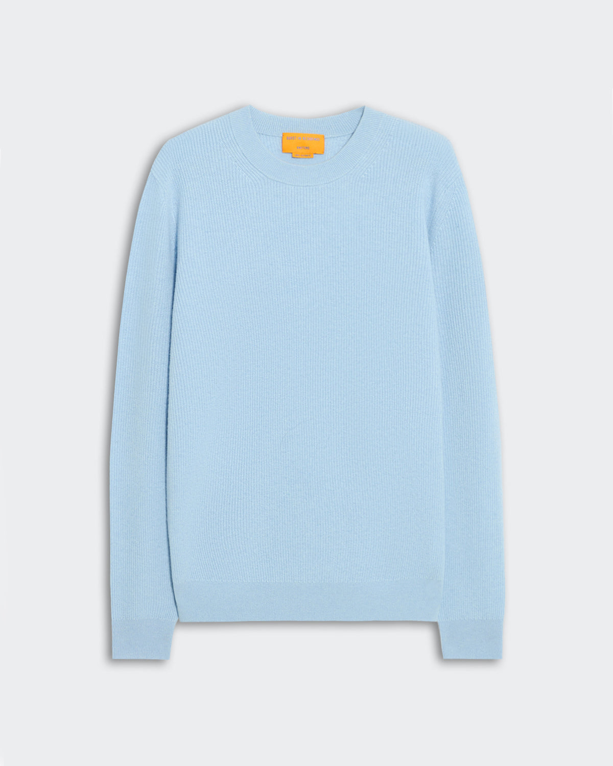 Light blue ribbed knit sweater laid flat on a neutral background featuring a classic crewneck and long sleeves, labeled Rib Allday Crew - Clear Sky.