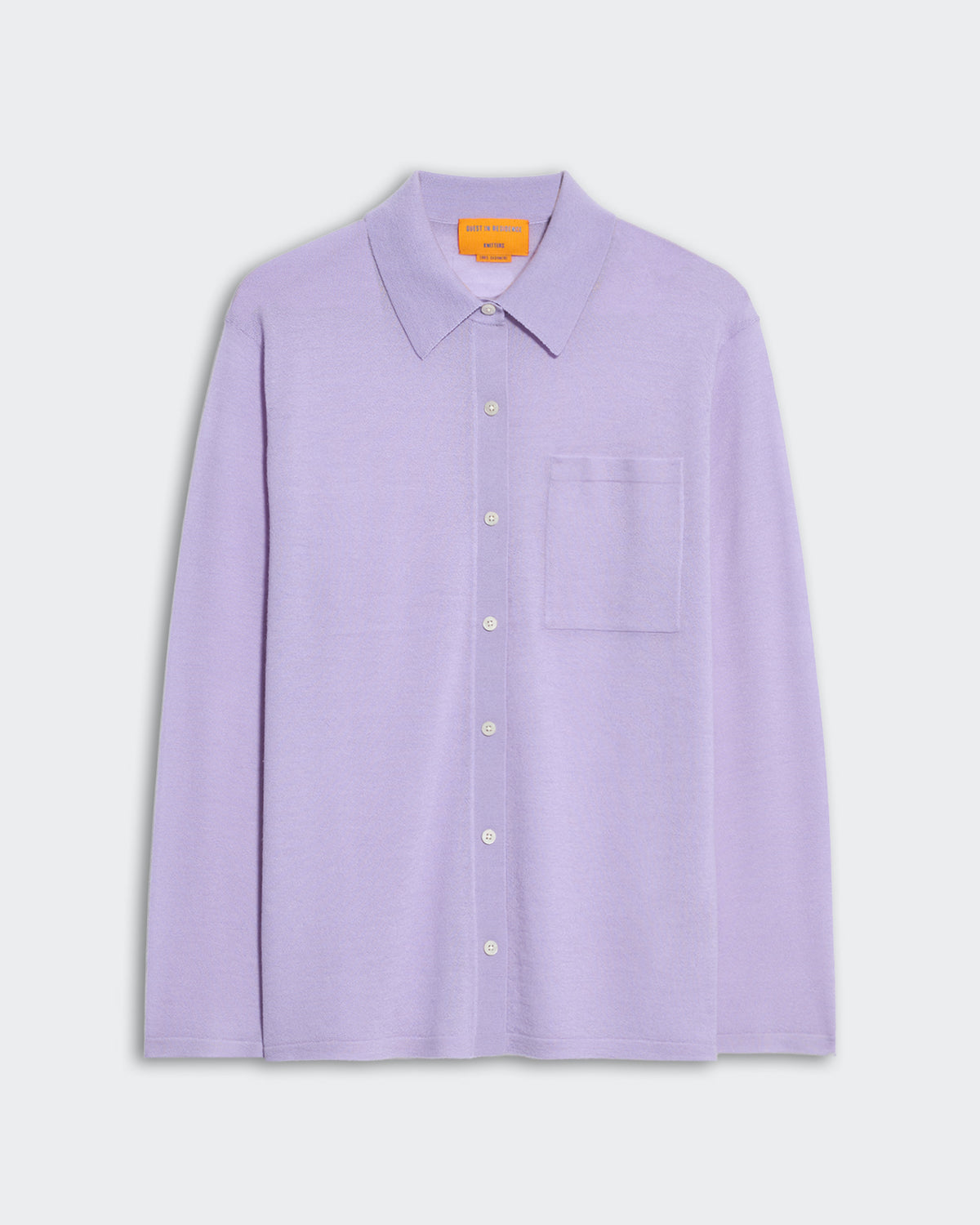 Lightweight lavender cashmere button-down shirt with collar and front patch pocket for women in true to size fit