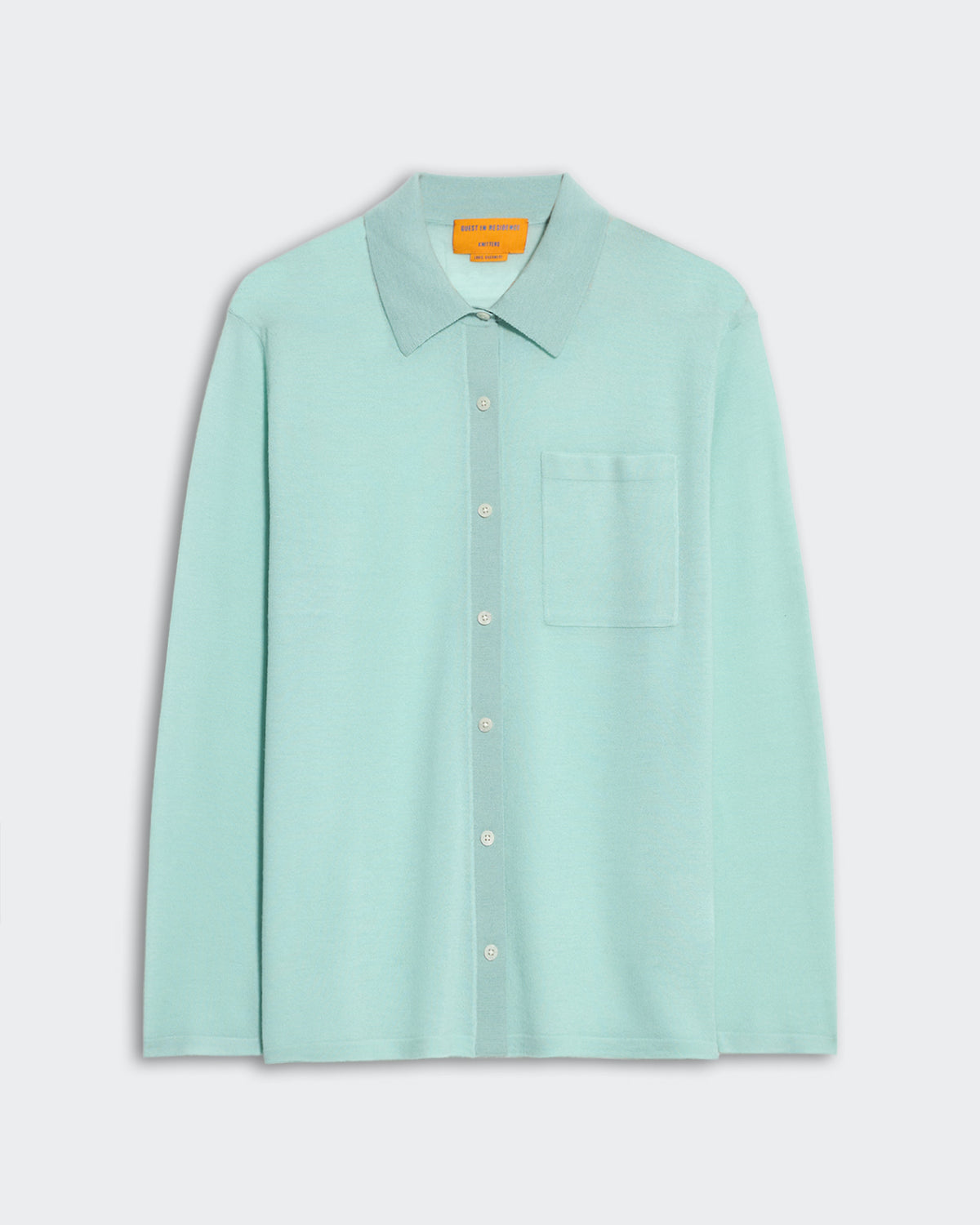 Lightweight women's button-down Showtime Shirt in seaglass color with collar and front patch pocket