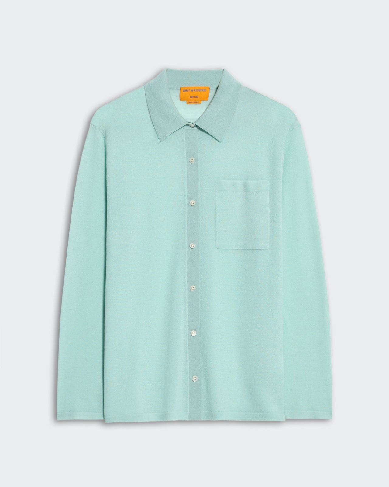 Lightweight women's button-down Showtime Shirt in seaglass color with collar and front patch pocket