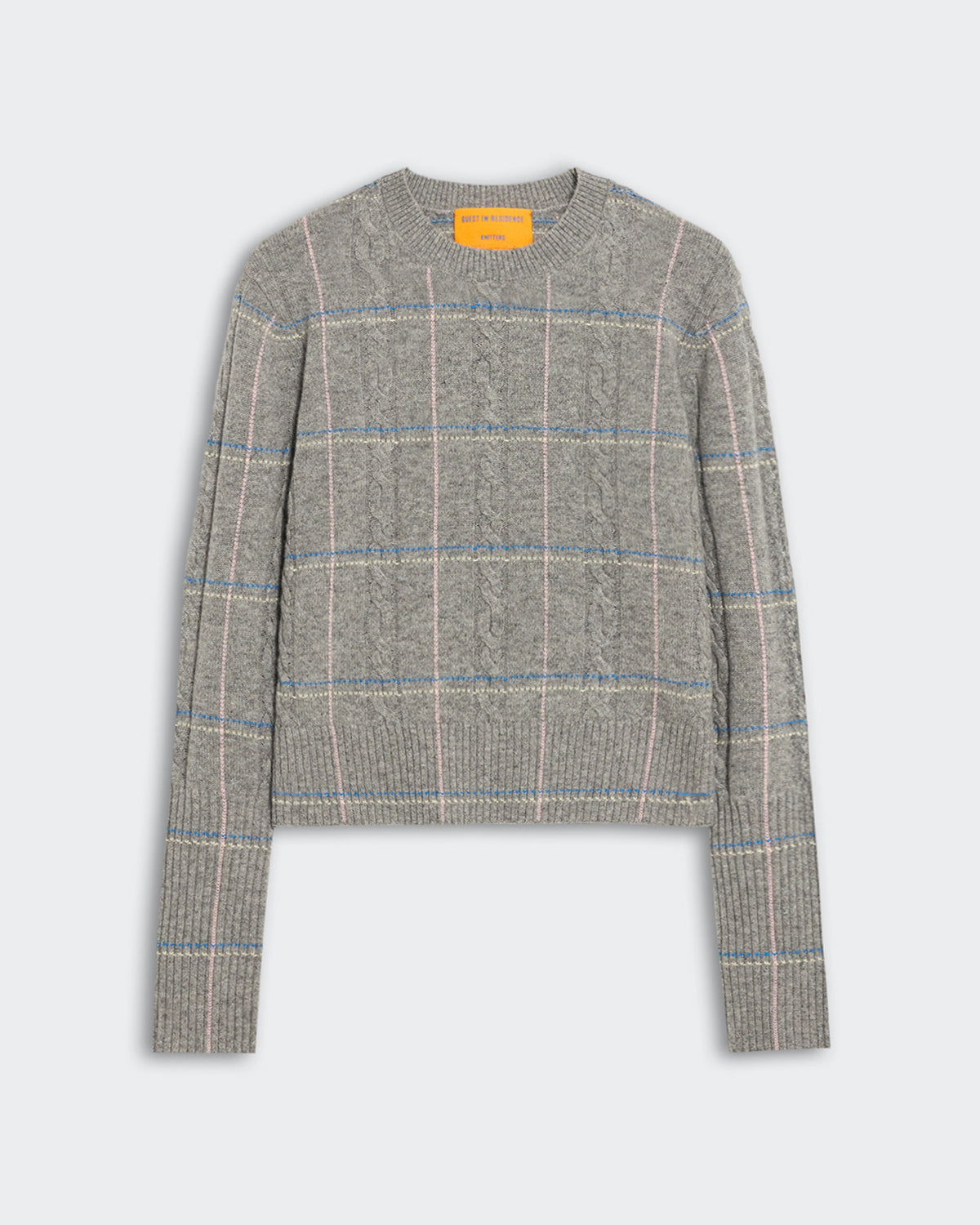 Heather grey shrunken crew neck sweater with cable stitch and four-color check pattern in lightweight cashmere.