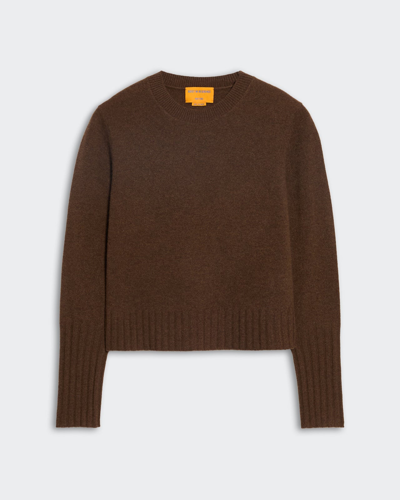 Women's slim fit shrunken crewneck sweater in chestnut, lightweight 100% cashmere with ribbed cuffs and hem