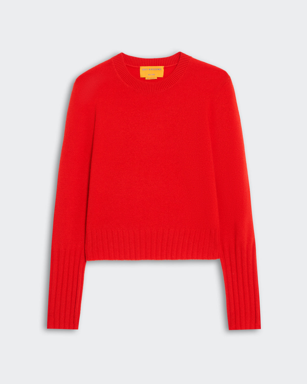 Women's slim fit red cashmere crewneck sweater with high rib sleeve cuffs and rib trim hem, premium inner Mongolia cashmere