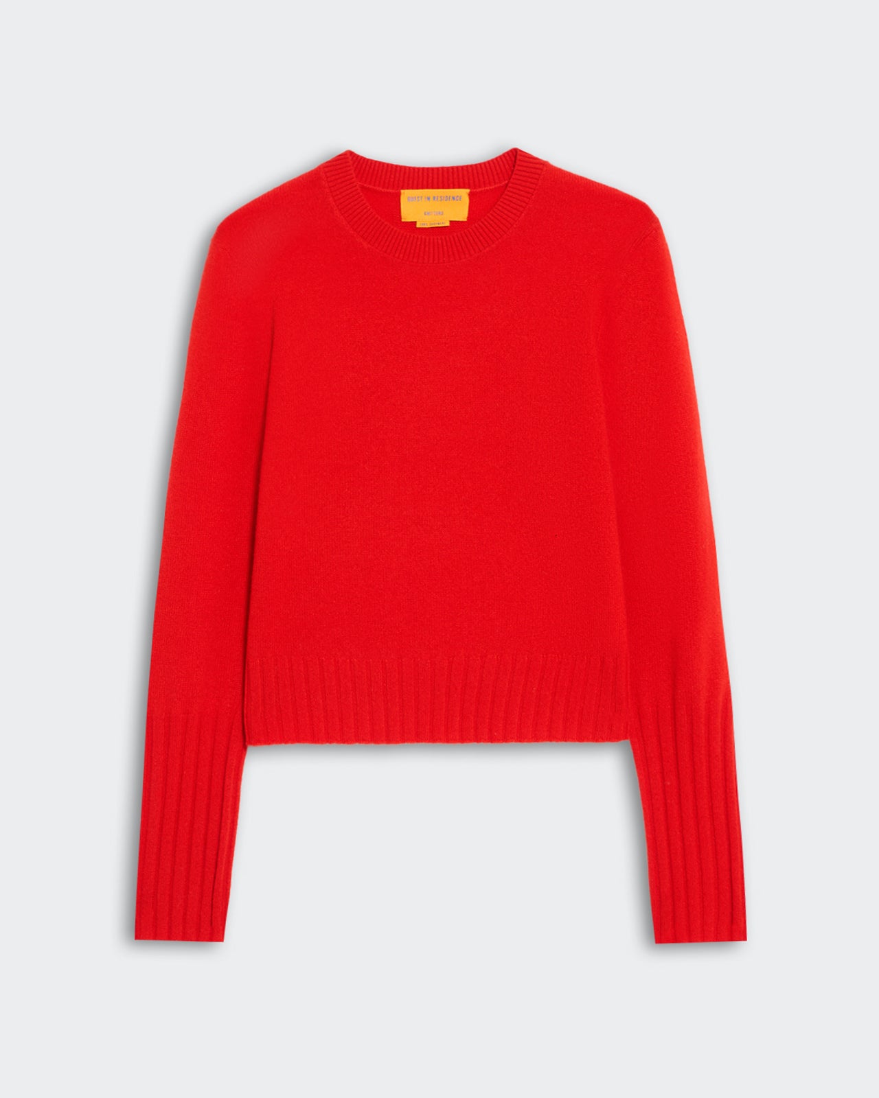 Women's slim fit red cashmere crewneck sweater with high rib sleeve cuffs and rib trim hem, premium inner Mongolia cashmere