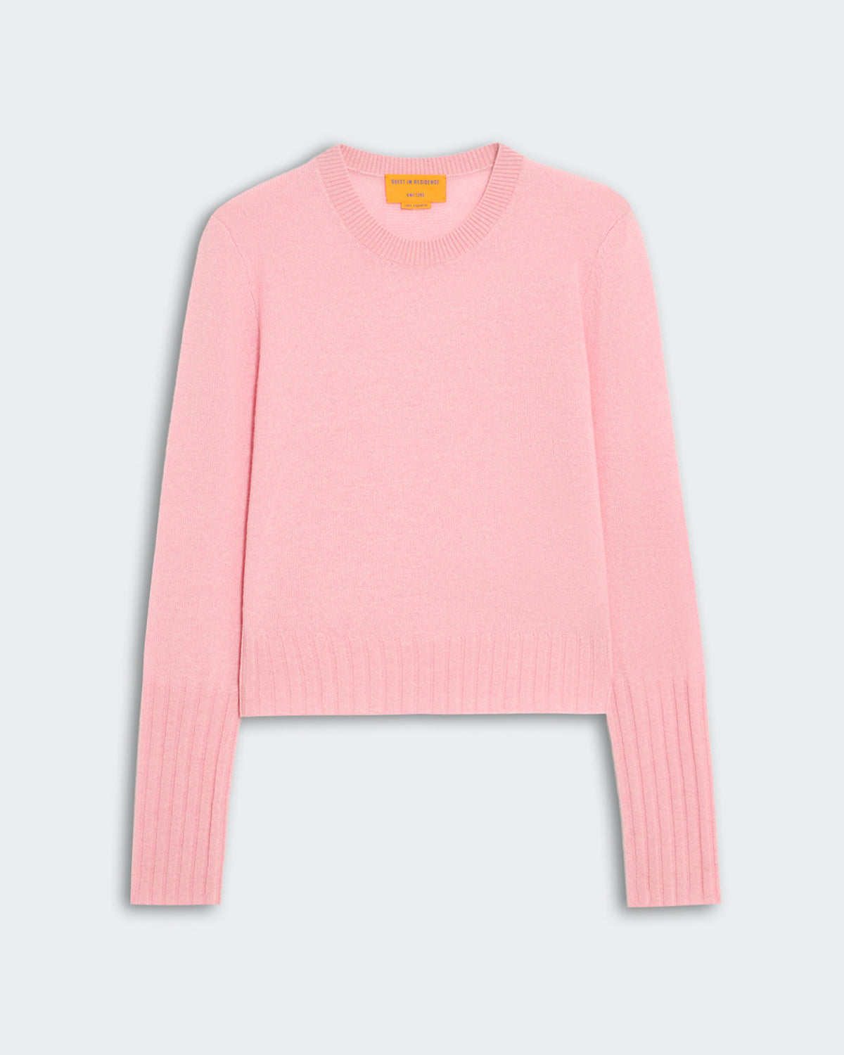 Slim fit women's light pink cashmere sweater with high rib sleeve cuffs and rib trim hem, signature GIR branding back
