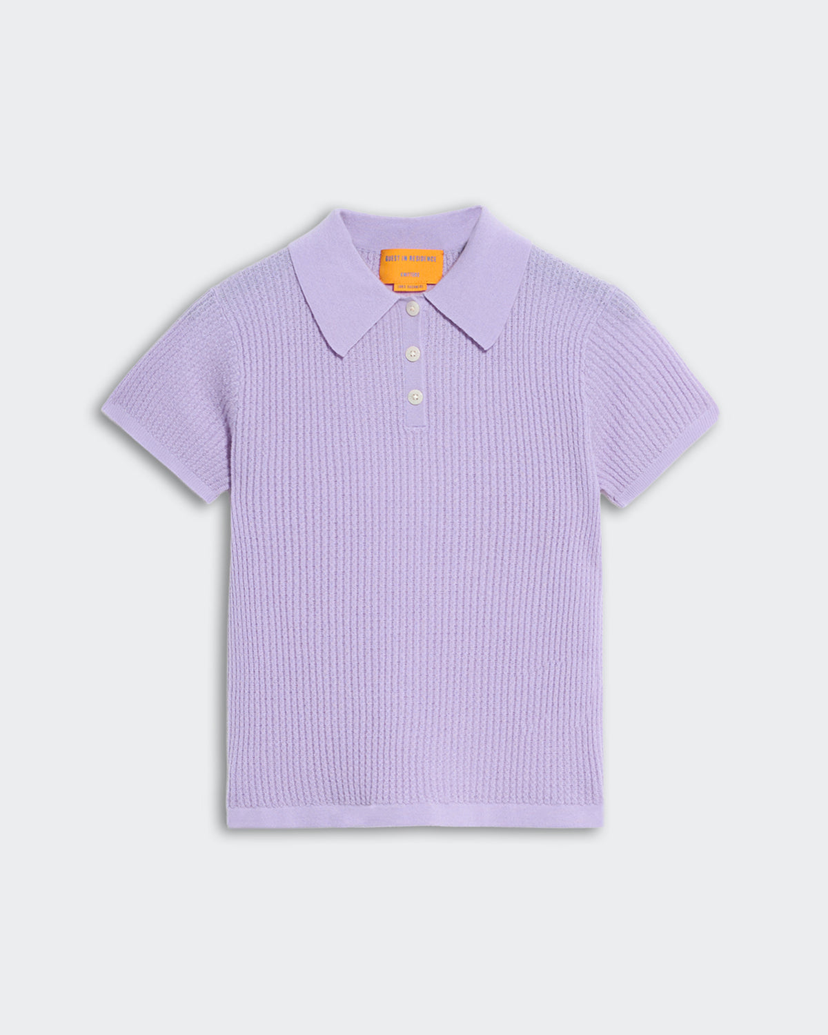 Light purple women’s shrunken polo shirt with waffle knit texture and three-button placket on white background