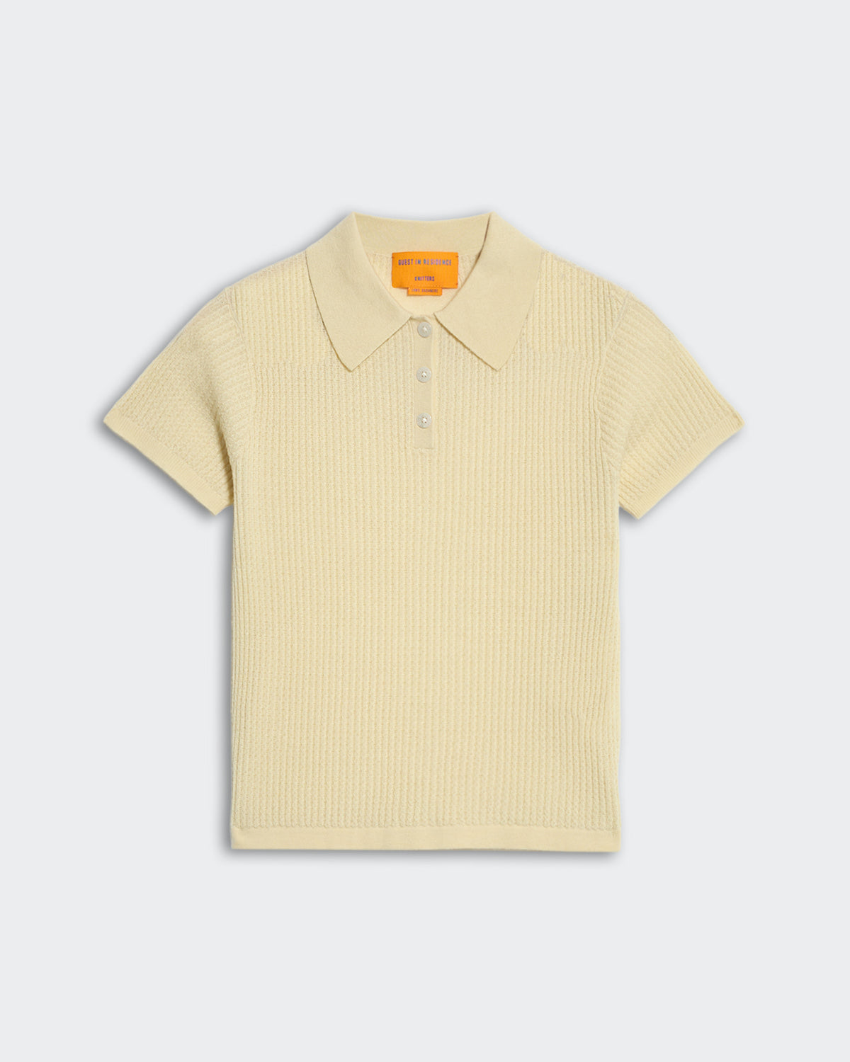 Women’s extra lightweight beige waffle knit polo shirt with three-button placket and textured stitch design