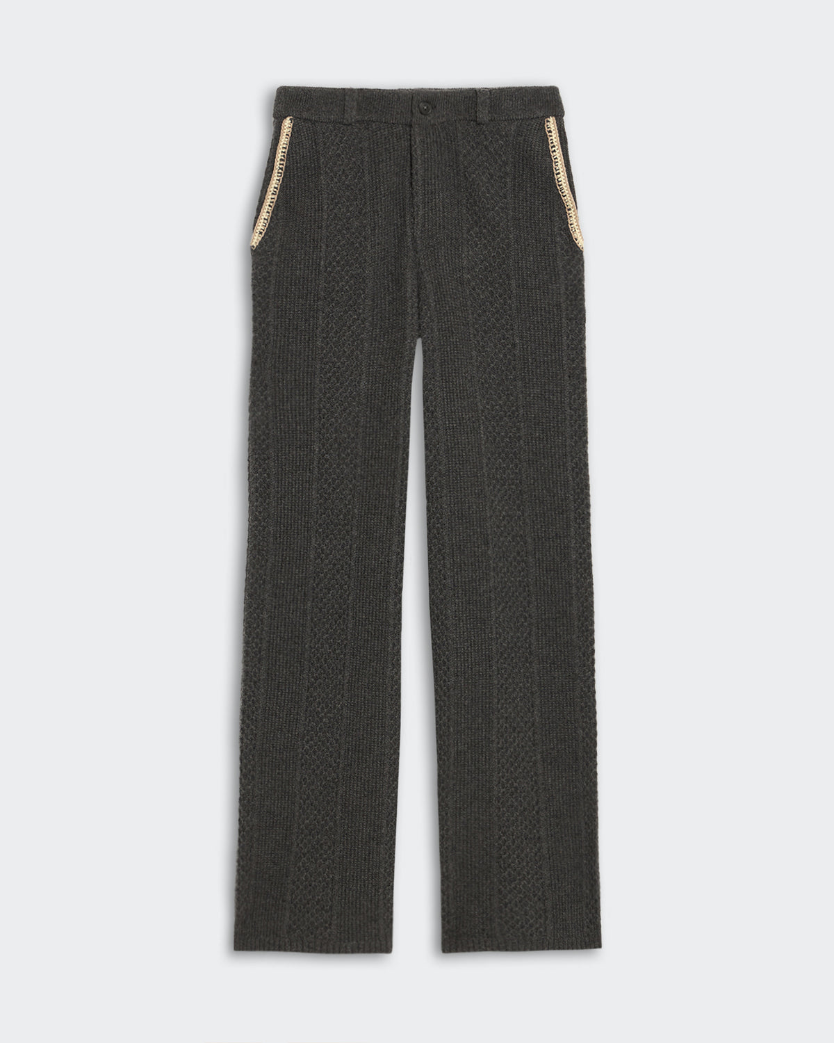 Charcoal tailored cable trousers with waffle texture, side pockets trimmed with hand crochet, and belt loops waistband.