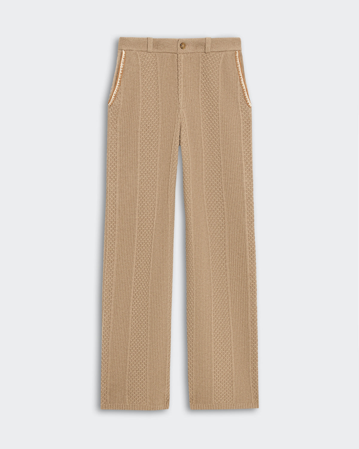 Taupe tailored cable trousers with vertical waffle texture and hand crochet trim on side pockets