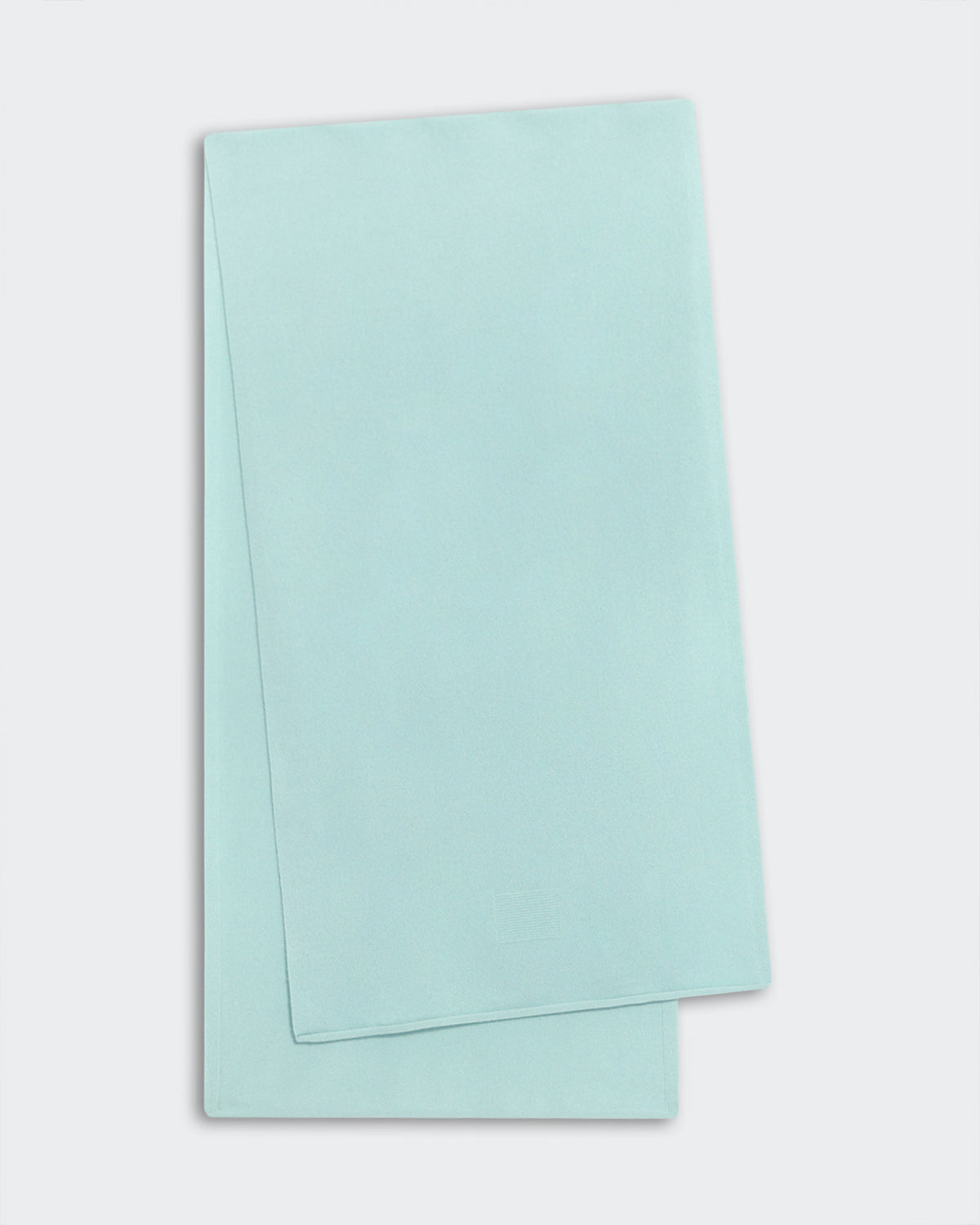 Light-weight sea glass green cashmere scarf with roll hem, 74 by 19 inches, premium knit from inner Mongolia.