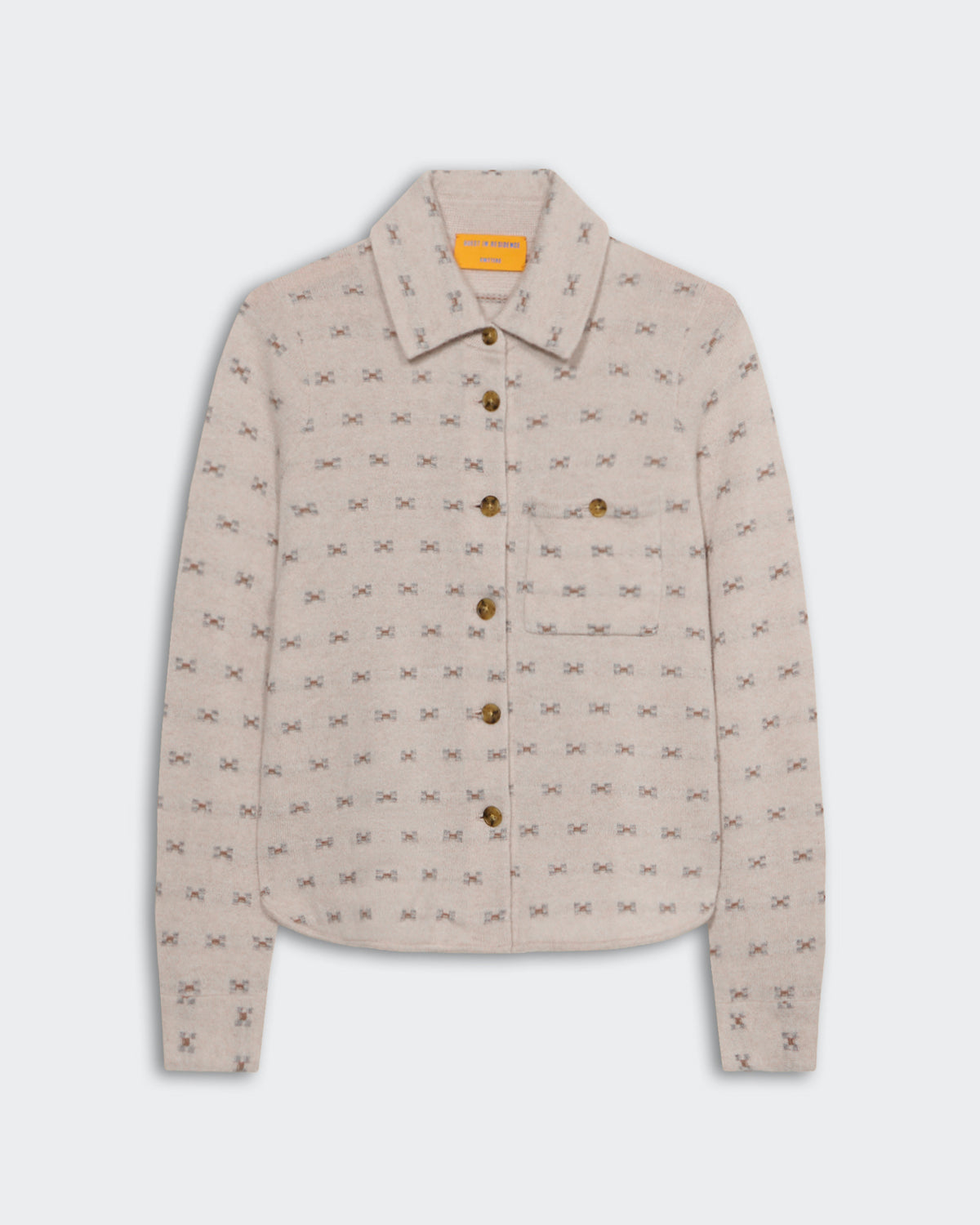 Dylan Tweed Shirt in sandstone combo with front buttons, tweed stitch collar, sleeve cuffs, and front chest pocket.