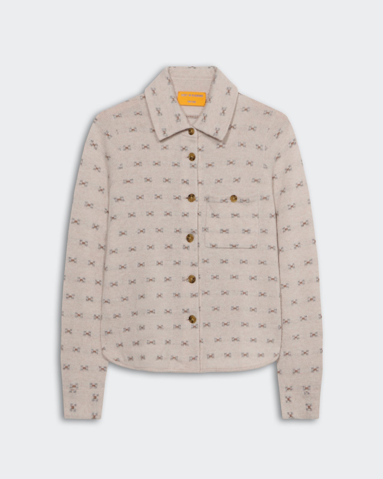 Dylan Tweed Shirt in sandstone combo with front buttons, tweed stitch collar, sleeve cuffs, and front chest pocket.