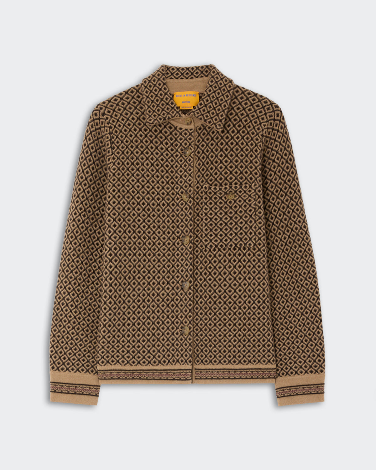 Brown and black patterned long-sleeve button-up shirt with a collar and a single chest pocket, displayed on a light gray background.