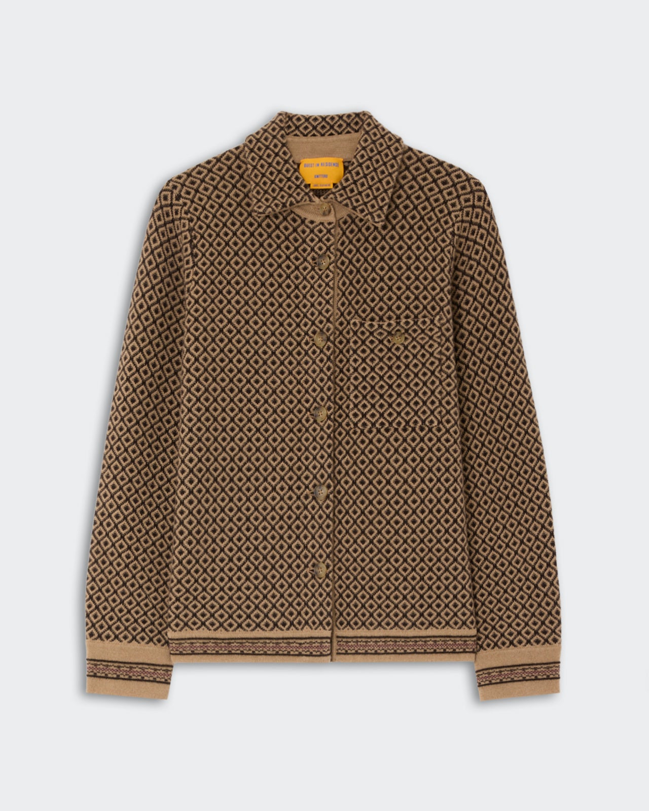Brown and black patterned long-sleeve button-up shirt with a collar and a single chest pocket, displayed on a light gray background.