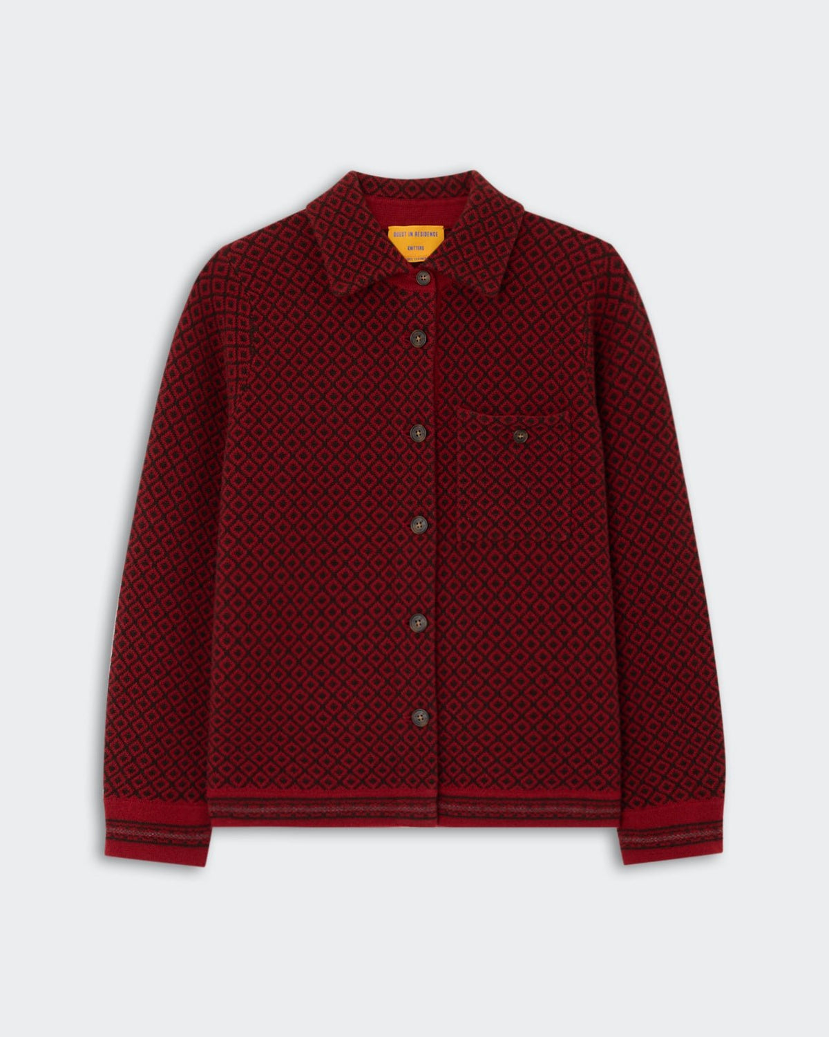 Dylan Marquise Shirt - Carmine Combo featuring a button-up front, geometric pattern, chest pocket, and long sleeves in rich carmine and black colors.