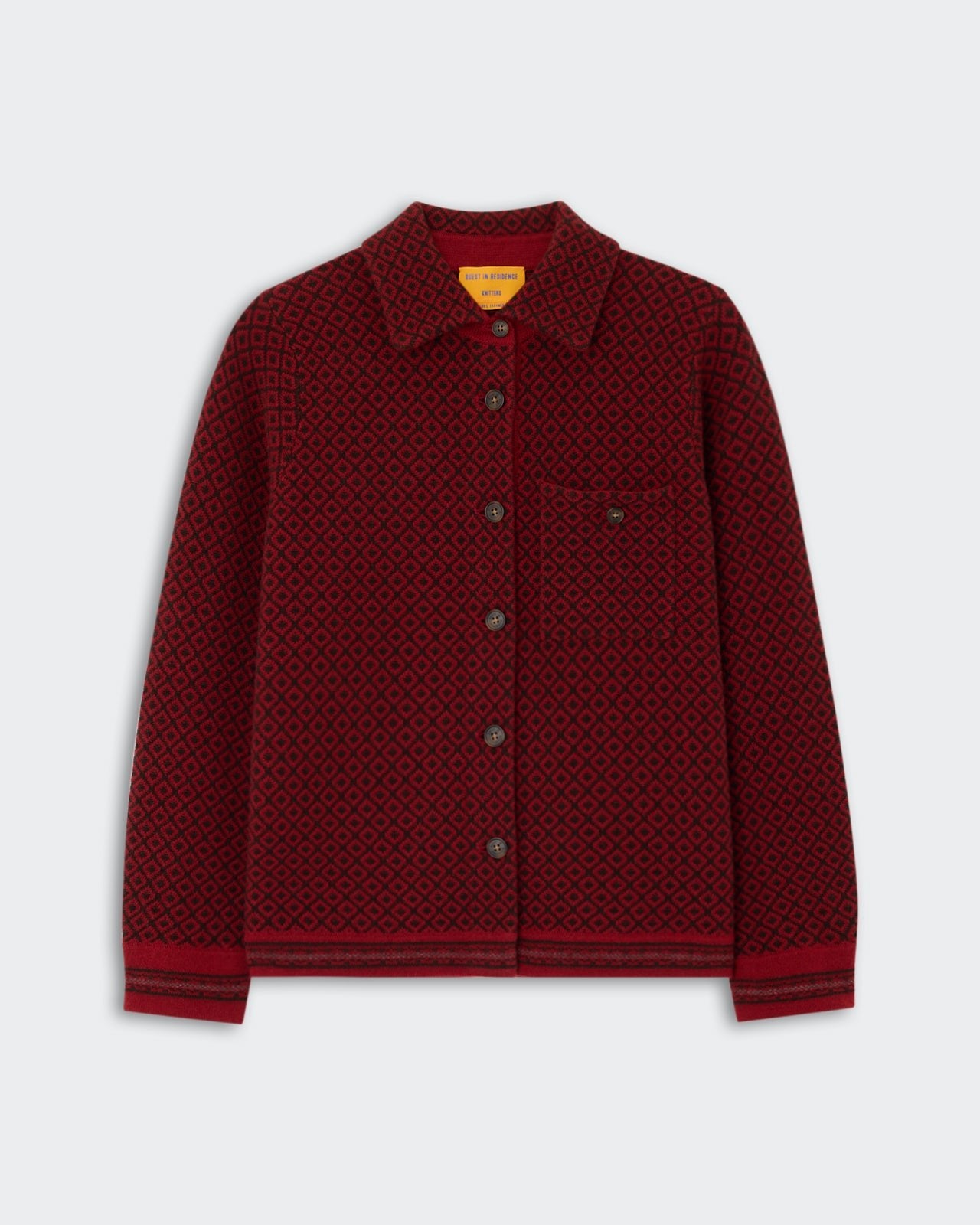 Dylan Marquise Shirt - Carmine Combo featuring a button-up front, geometric pattern, chest pocket, and long sleeves in rich carmine and black colors.