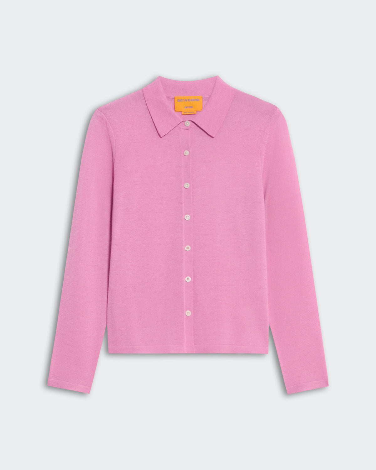 Lightweight rose cashmere button-down shirt with collar, slim fit and soft knit texture for women.