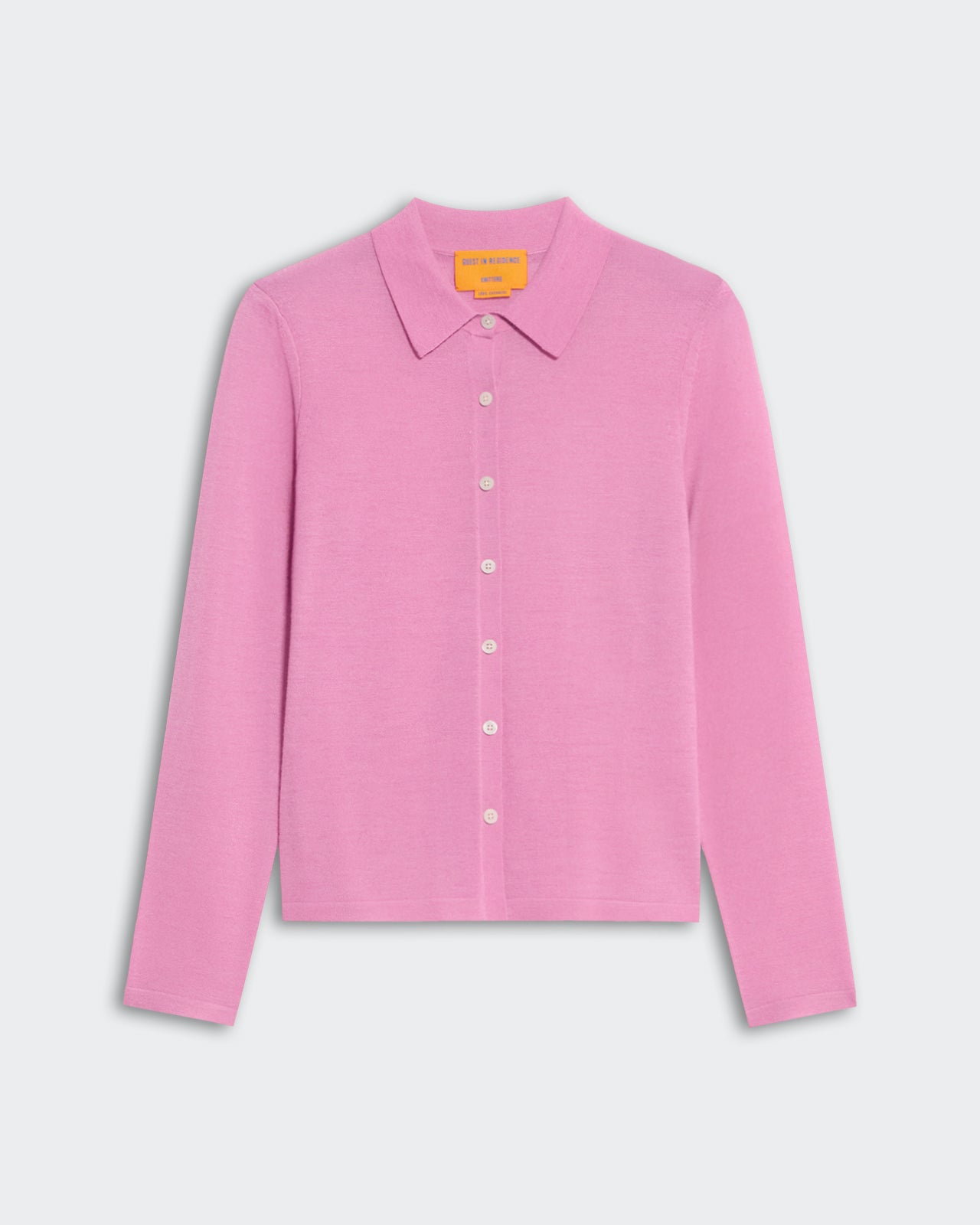Lightweight rose cashmere button-down shirt with collar, slim fit and soft knit texture for women.